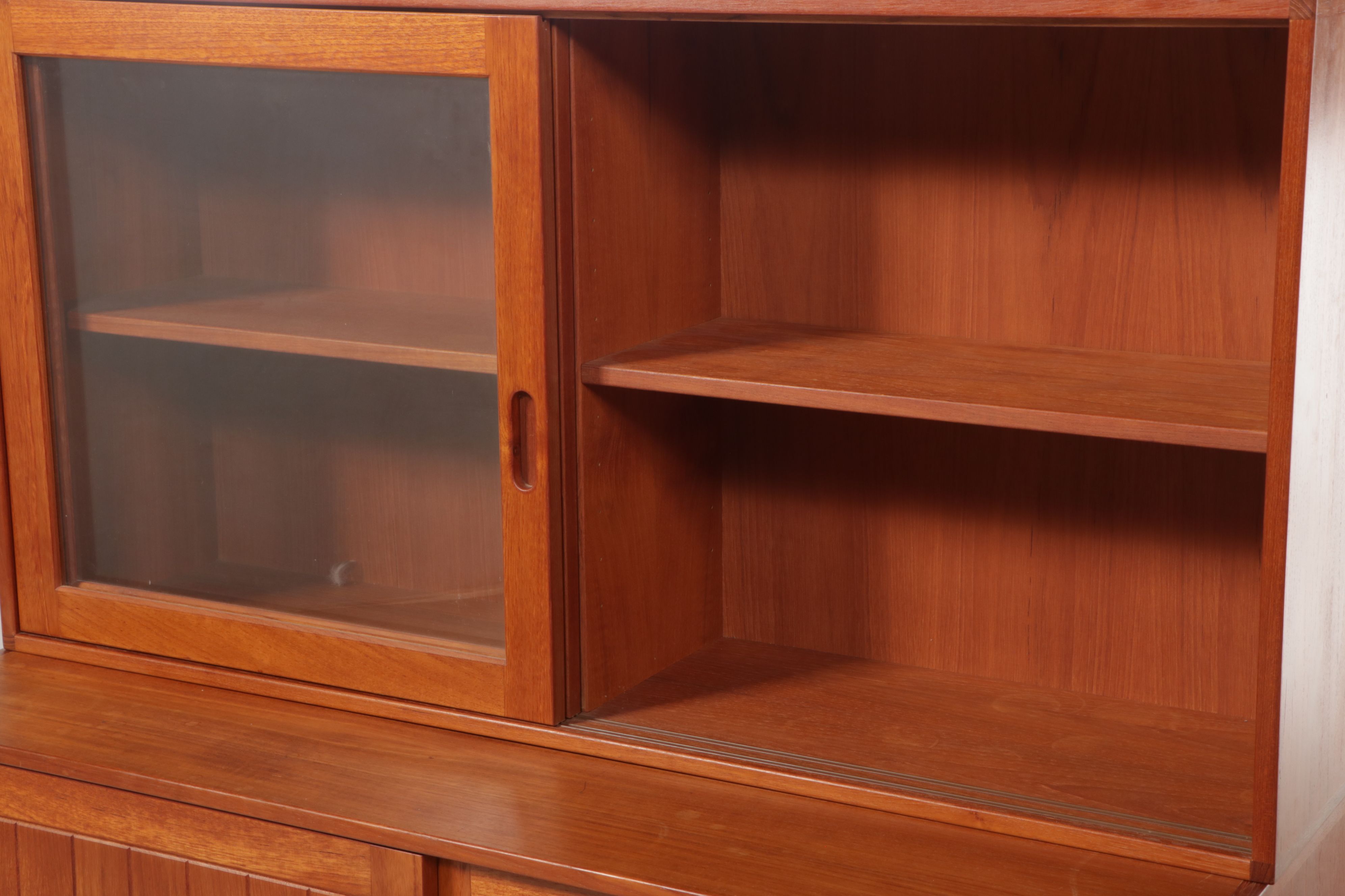 Danish Modern Teak Sliding Door Cabinets with Glass Front Hutch Top