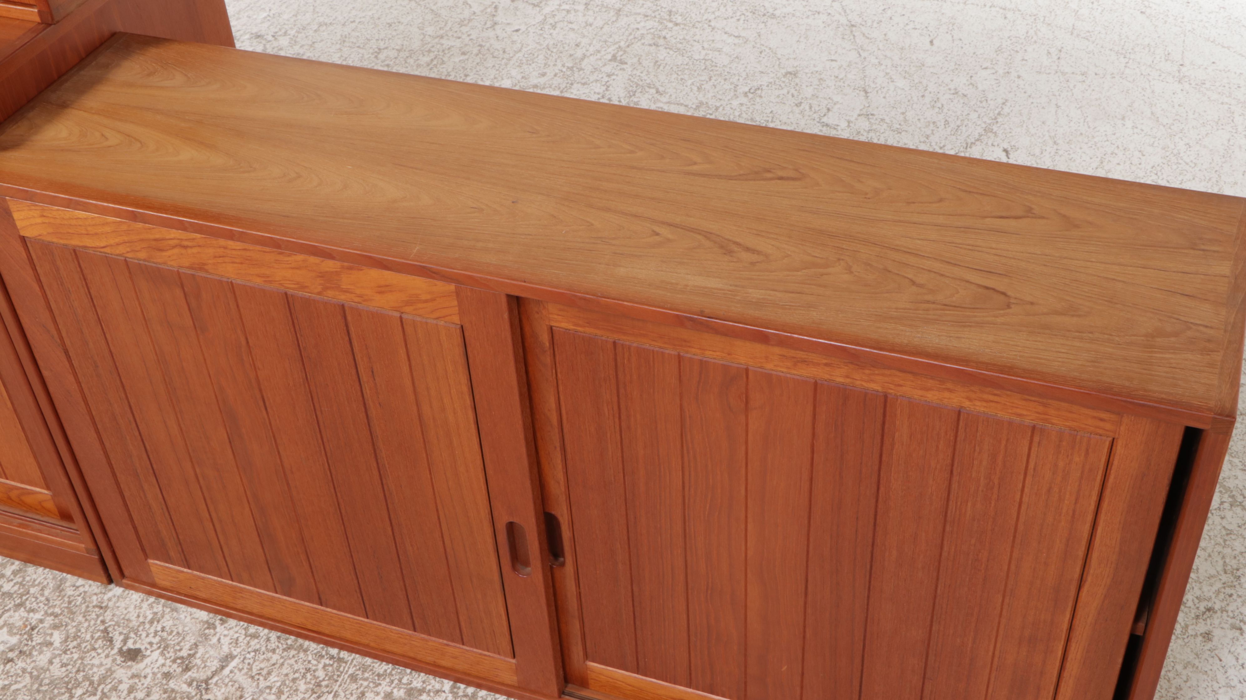 Danish Modern Teak Sliding Door Cabinets with Glass Front Hutch Top