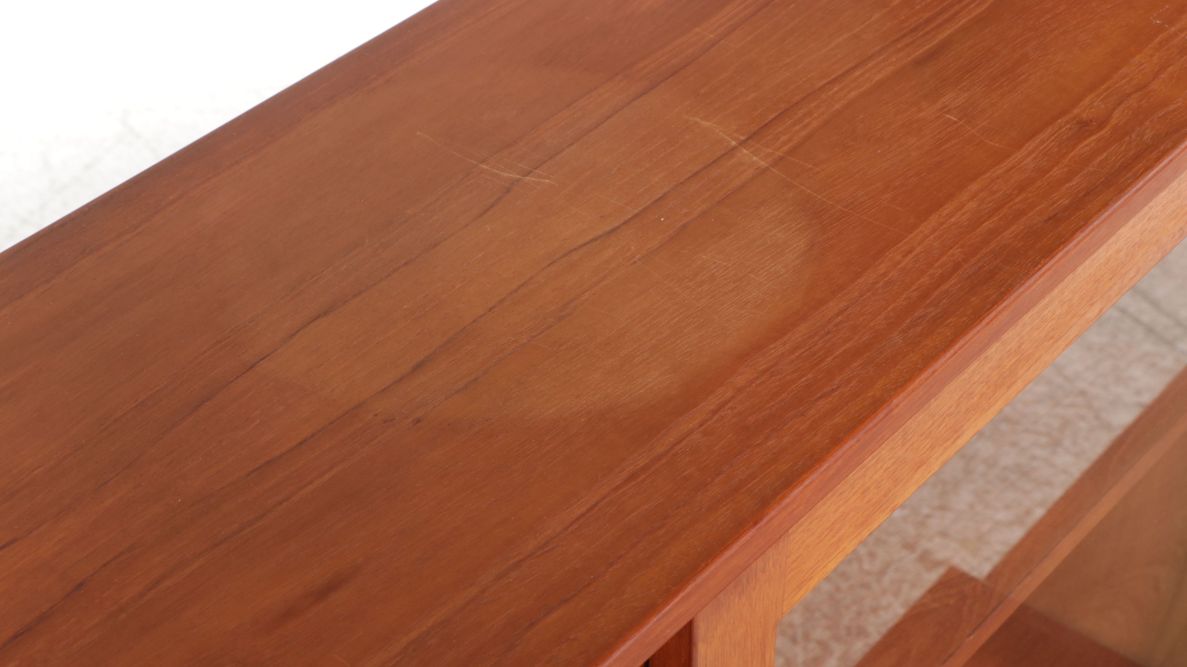 Danish Modern Teak Sliding Door Cabinets with Glass Front Hutch Top