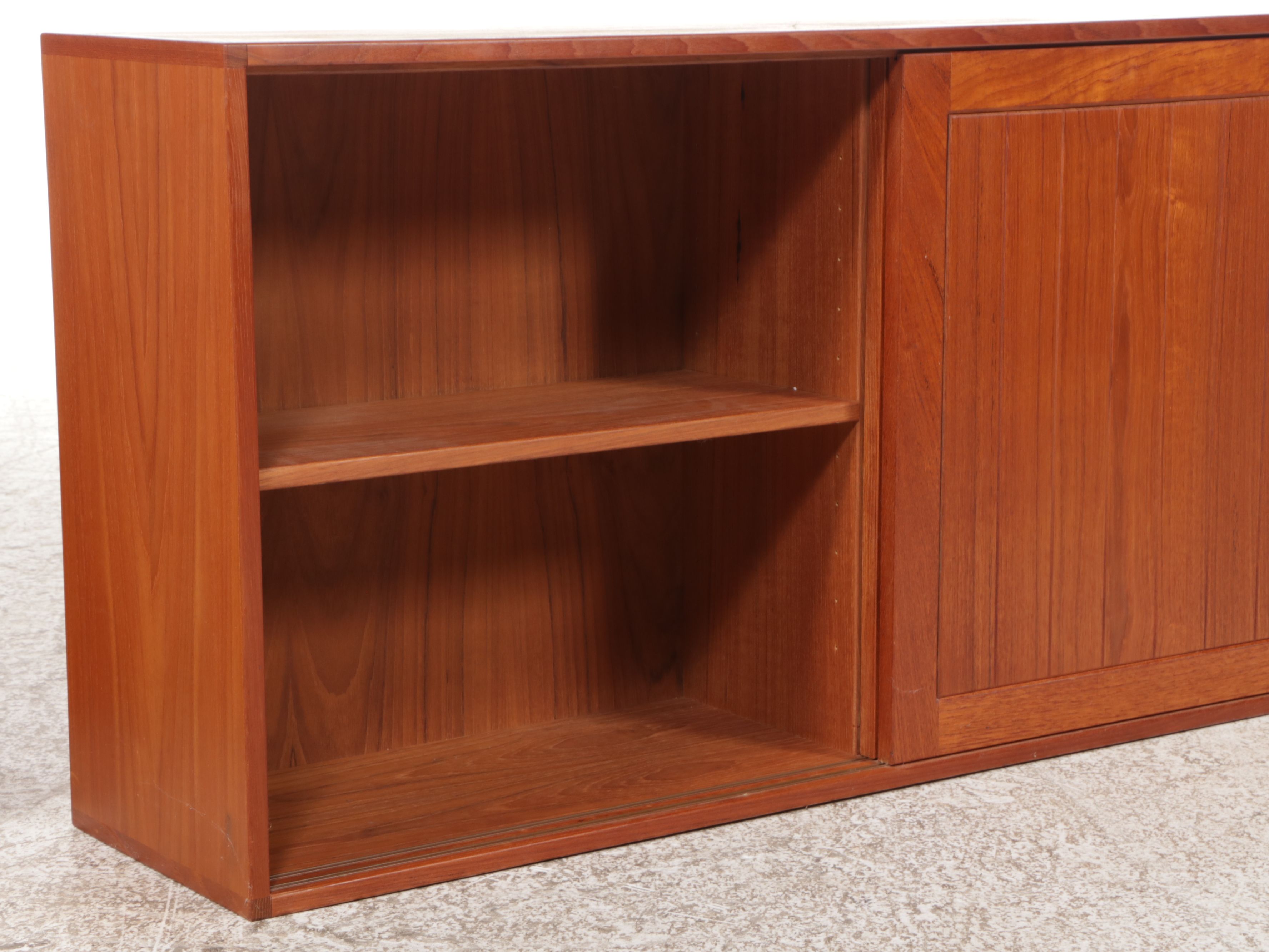 Danish Modern Teak Sliding Door Cabinets with Glass Front Hutch Top