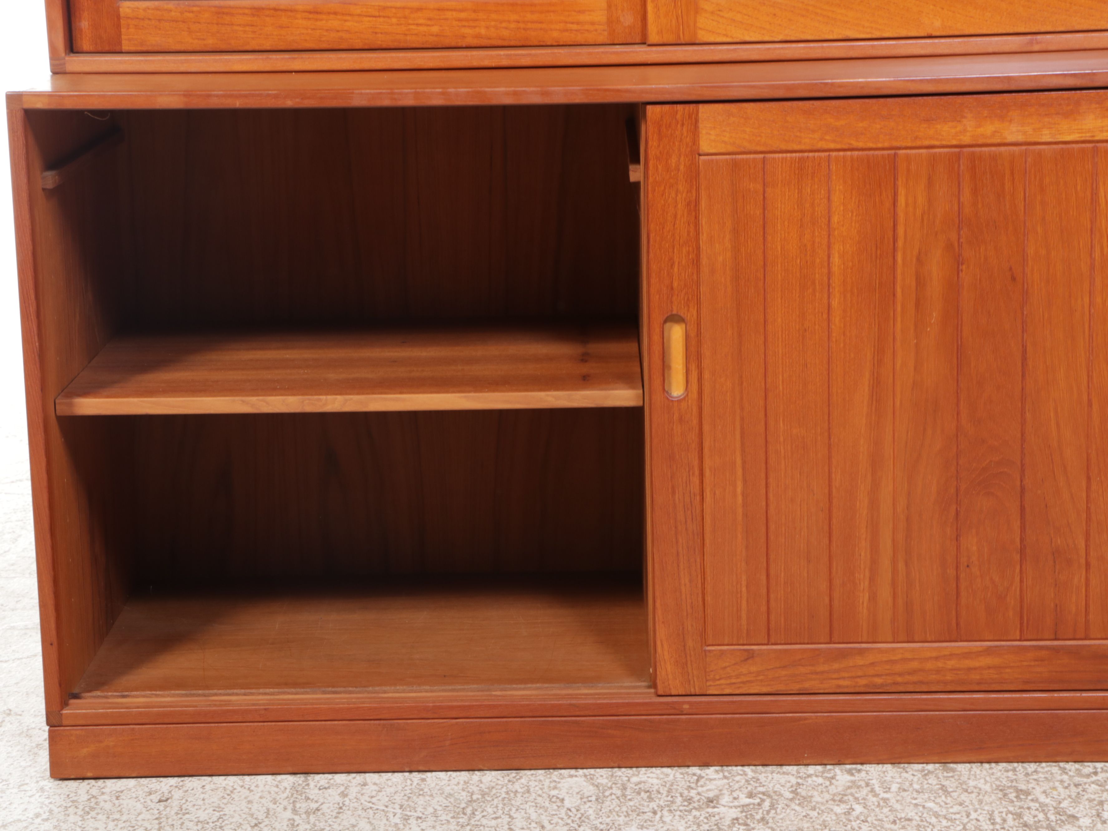 Danish Modern Teak Sliding Door Cabinets with Glass Front Hutch Top