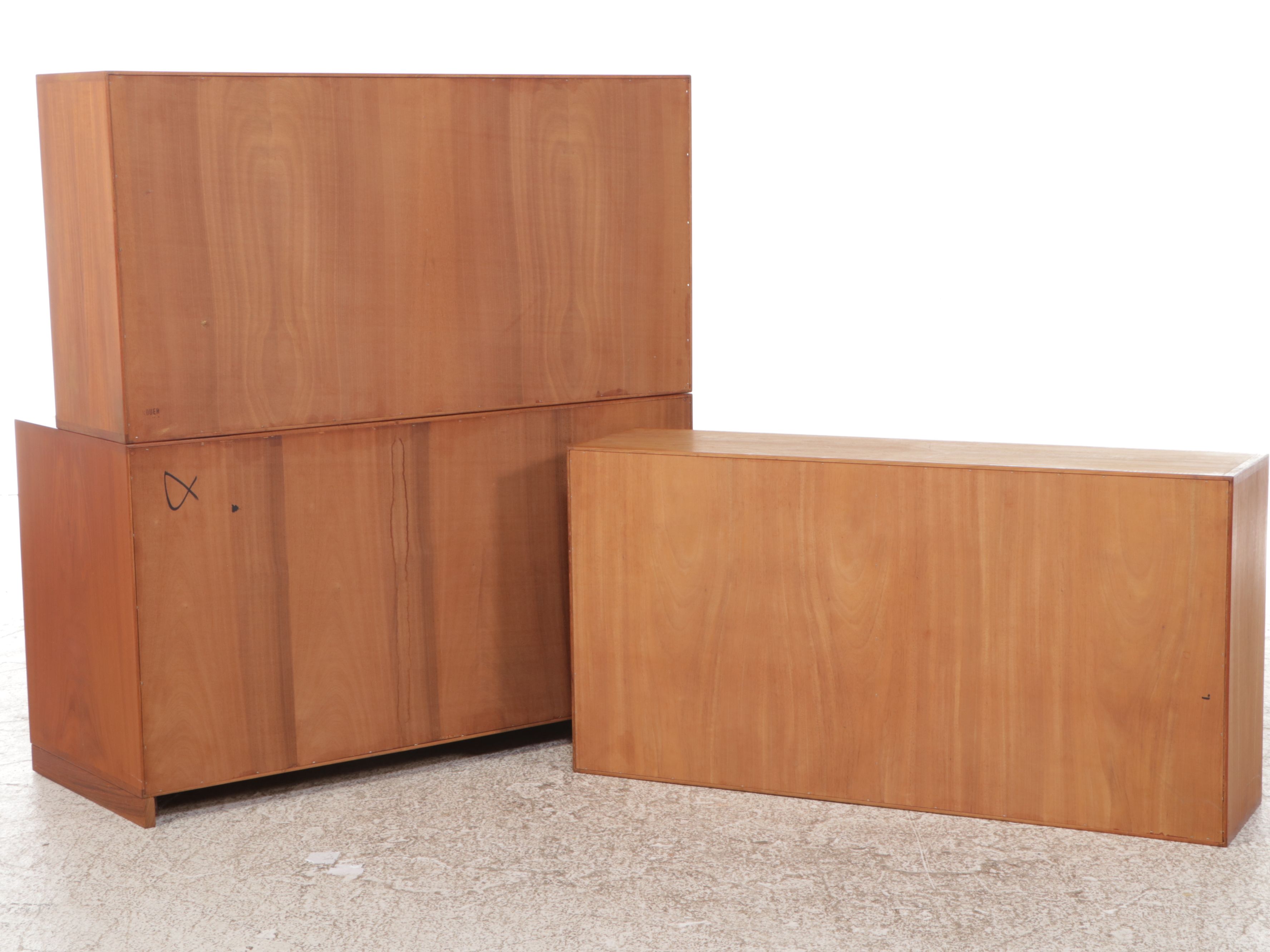 Danish Modern Teak Sliding Door Cabinets with Glass Front Hutch Top