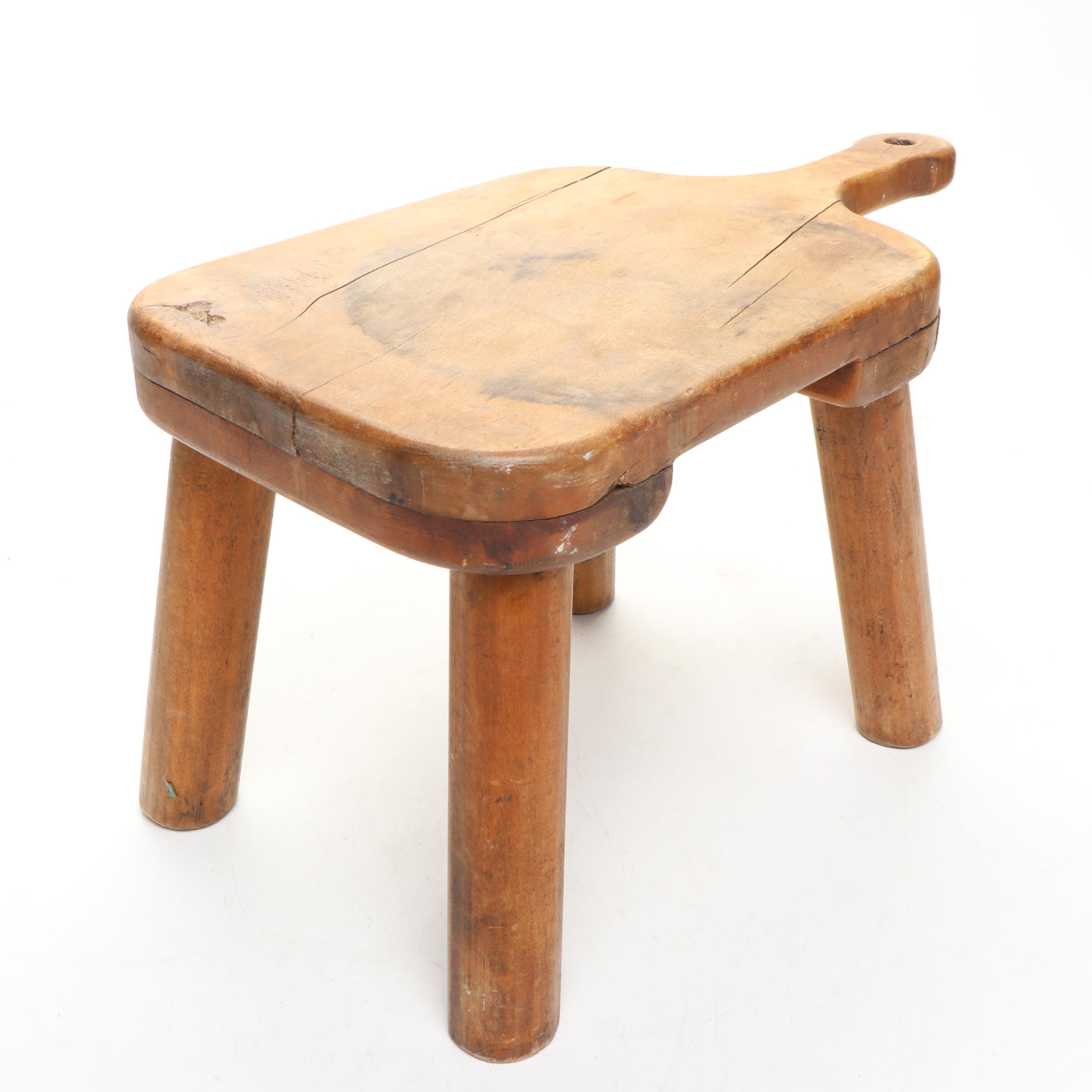 Primitive Style Standing Wood Dough Bowl with Carved Kava Bowl and Footstool