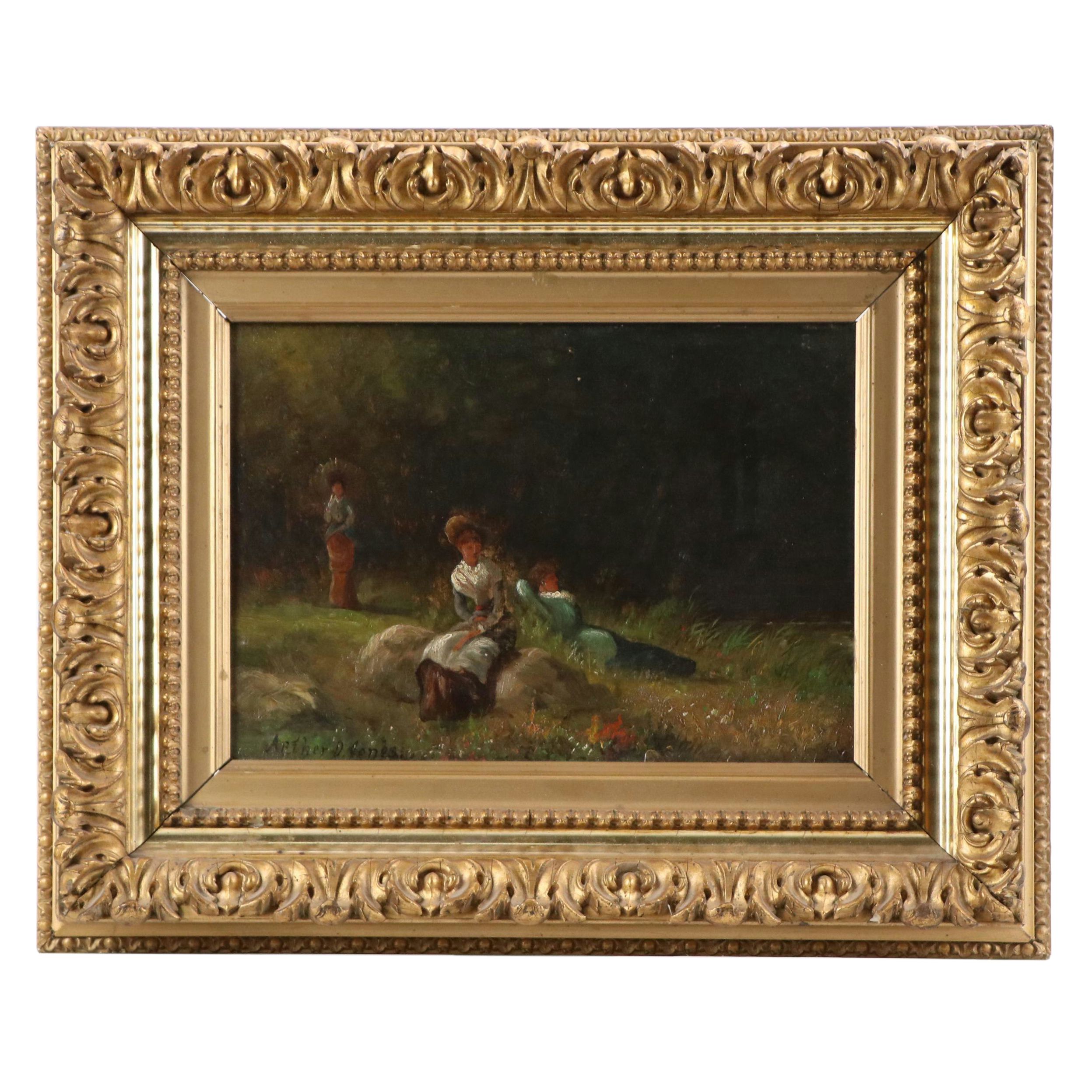 Arthur D. Jones Oil Painting of Women Lounging on Rocks, 20th Century