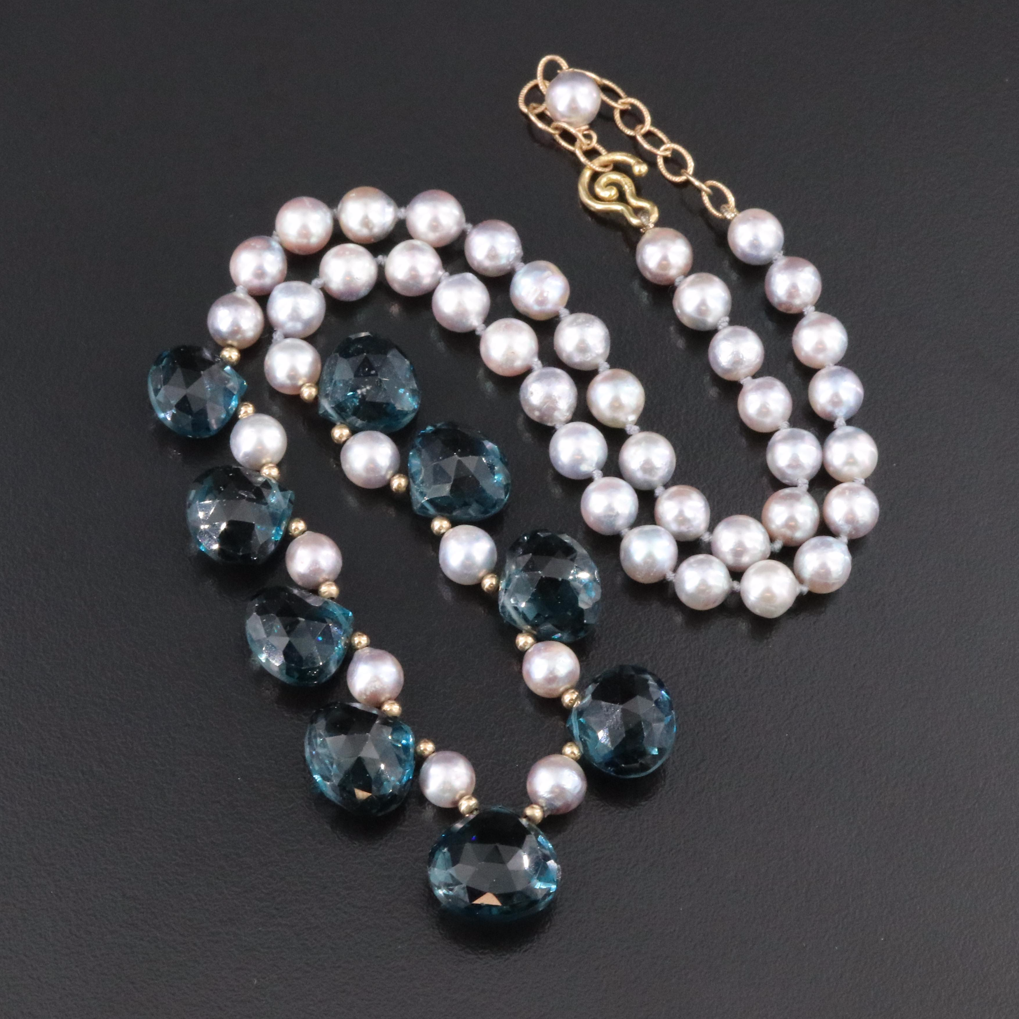 14K and 18K Pearl and London Blue Topaz Necklace