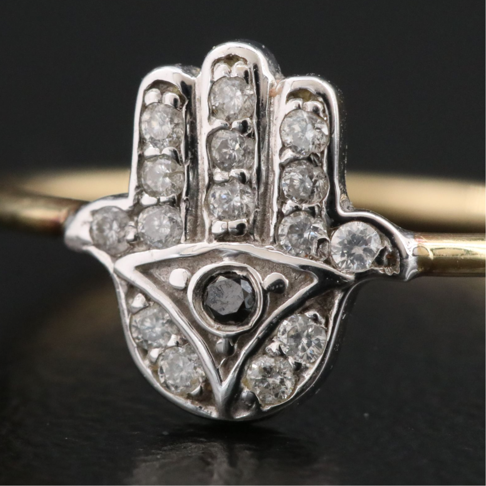 14K 0.15 CTW Diamond Hamsa Ring with Fancy Black Diamond