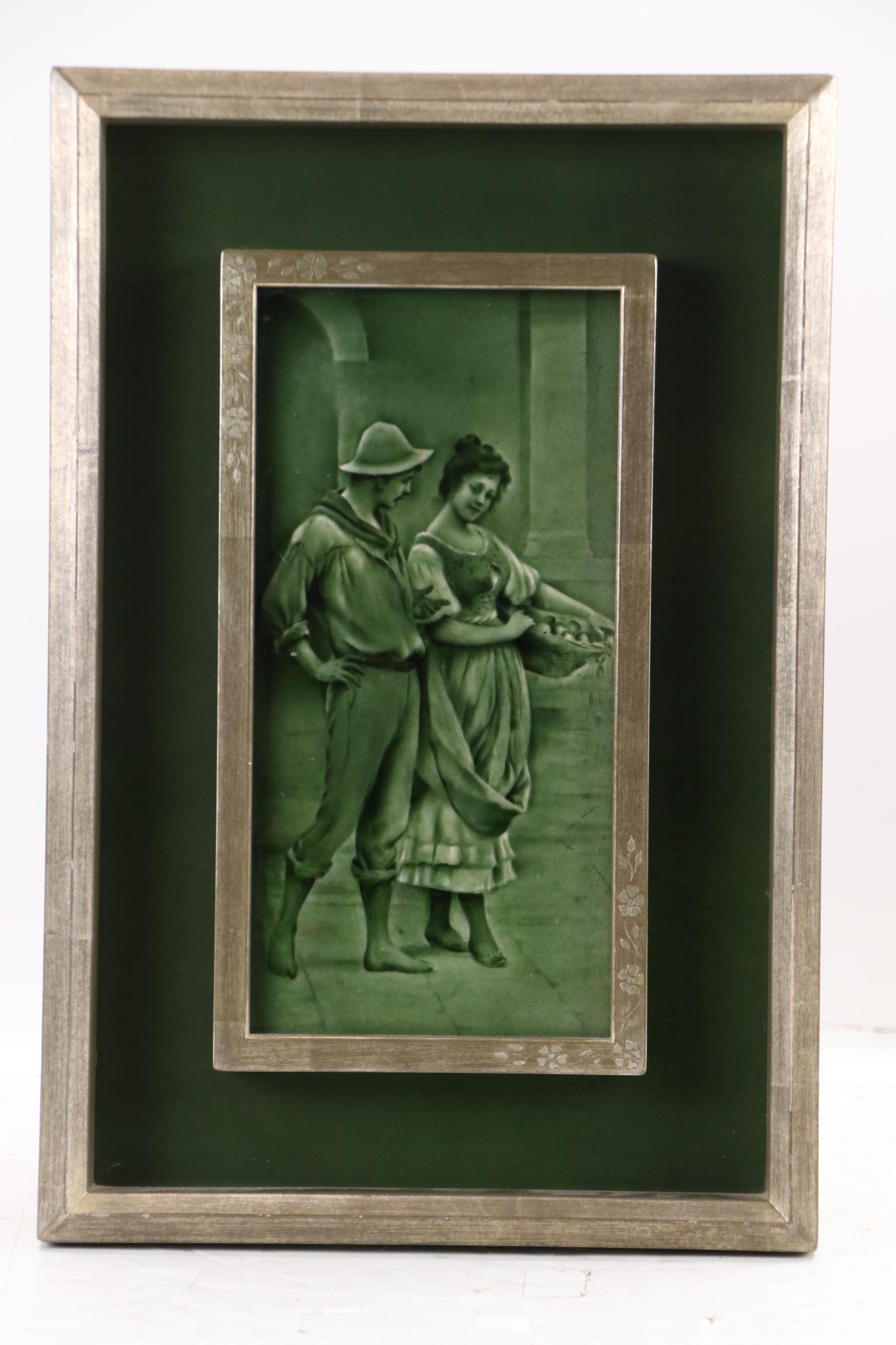 Framed Craven Dunnill & Co. English Majolica Romantic Genre Art Tiles