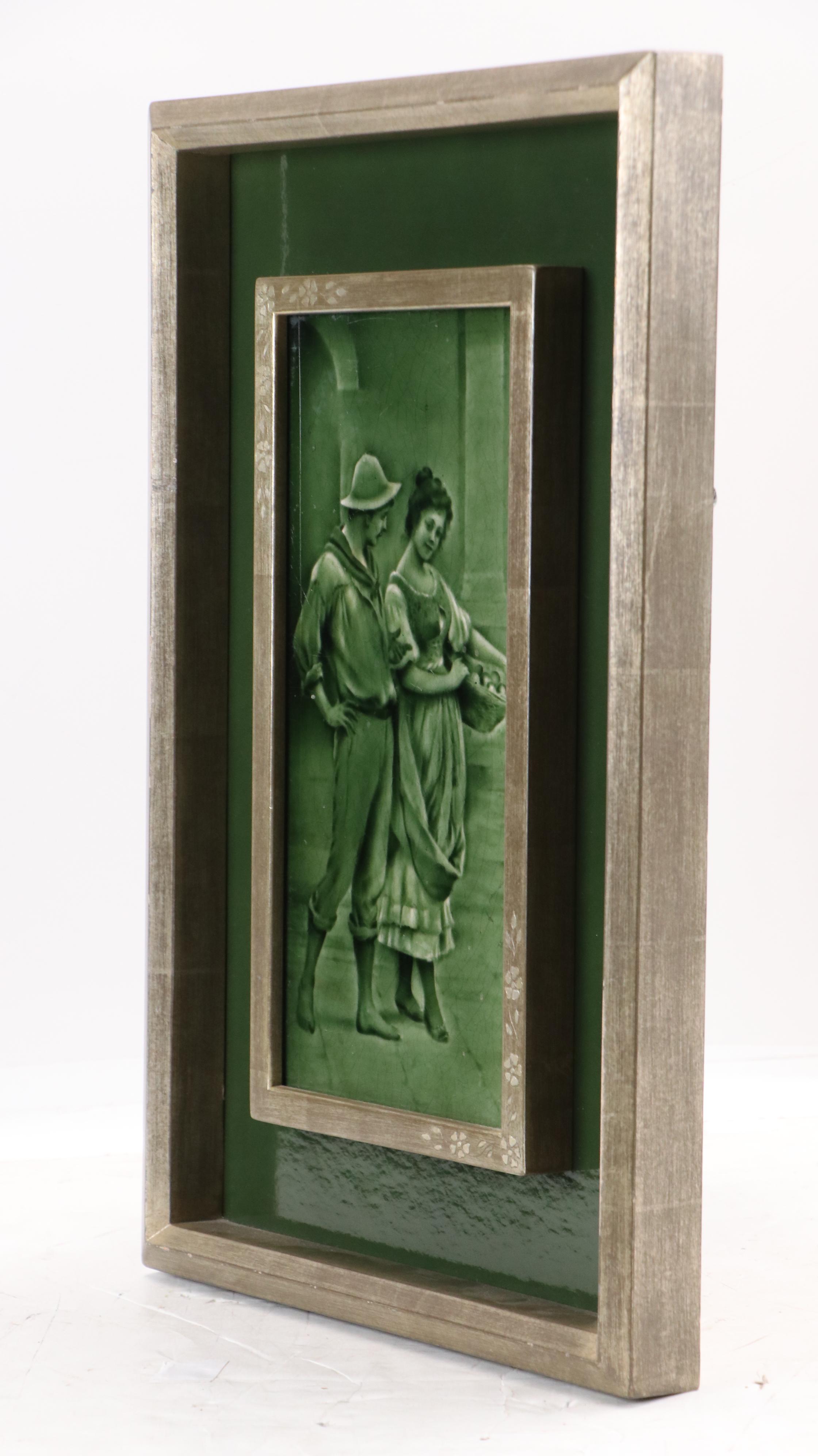 Framed Craven Dunnill & Co. English Majolica Romantic Genre Art Tiles