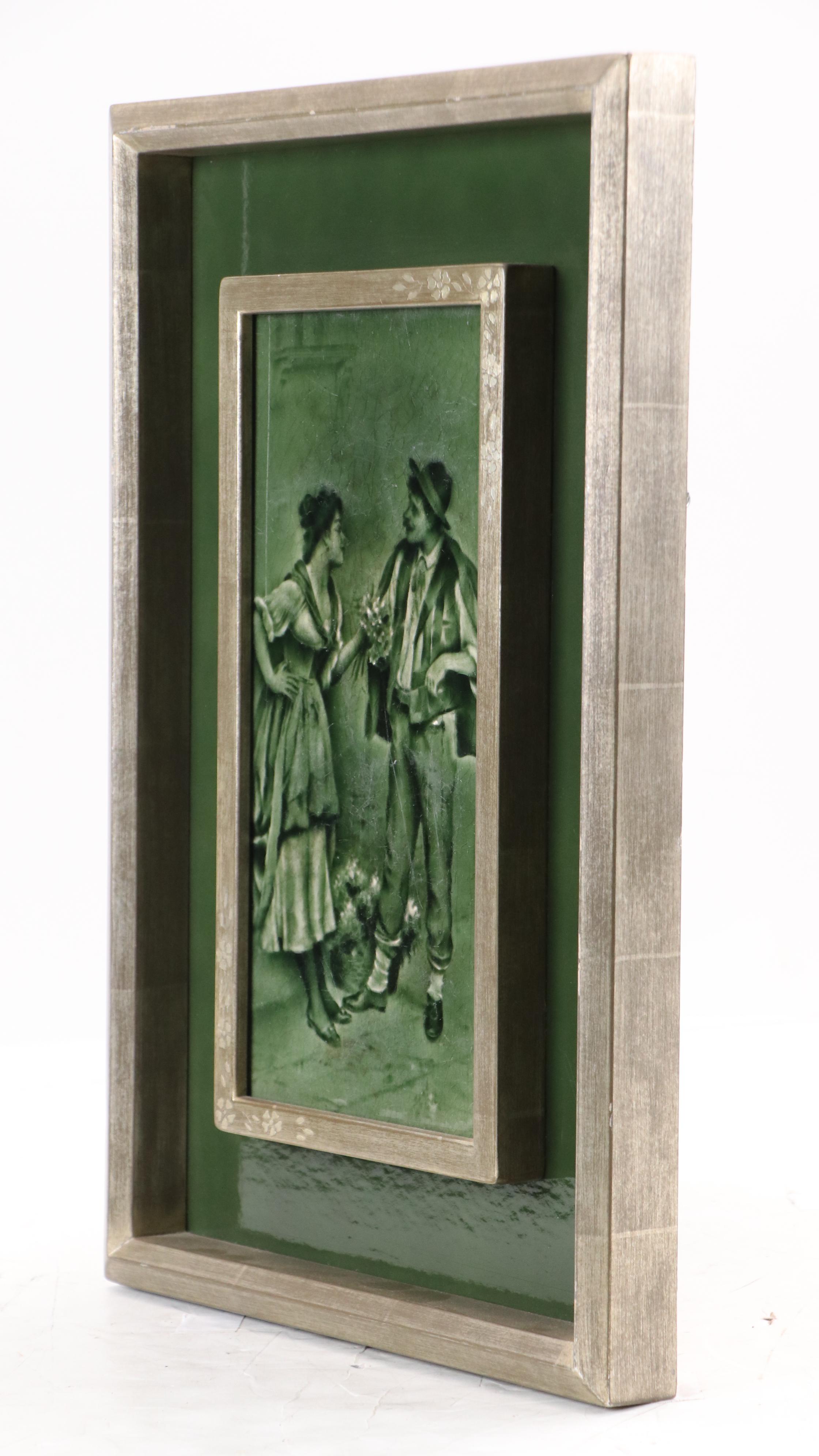 Framed Craven Dunnill & Co. English Majolica Romantic Genre Art Tiles