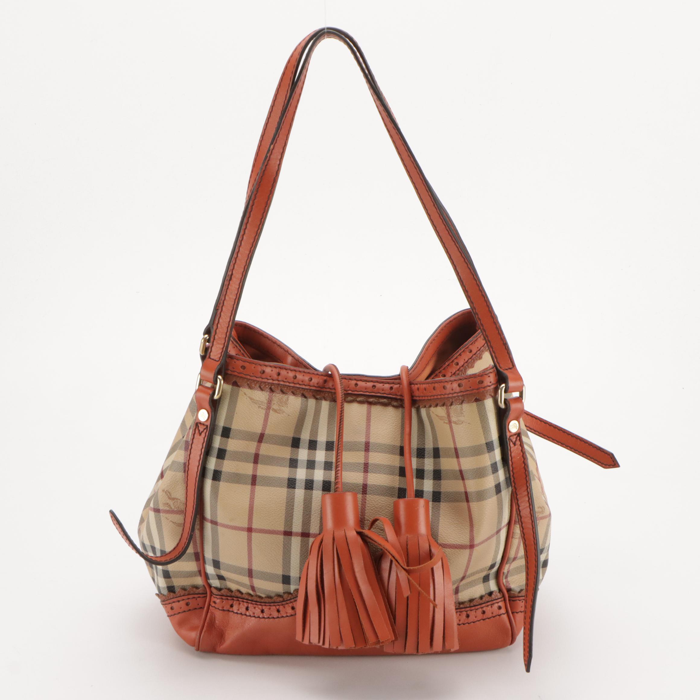 Burberry Brogue Leather Tassel Satchel in Haymarket Check Canvas