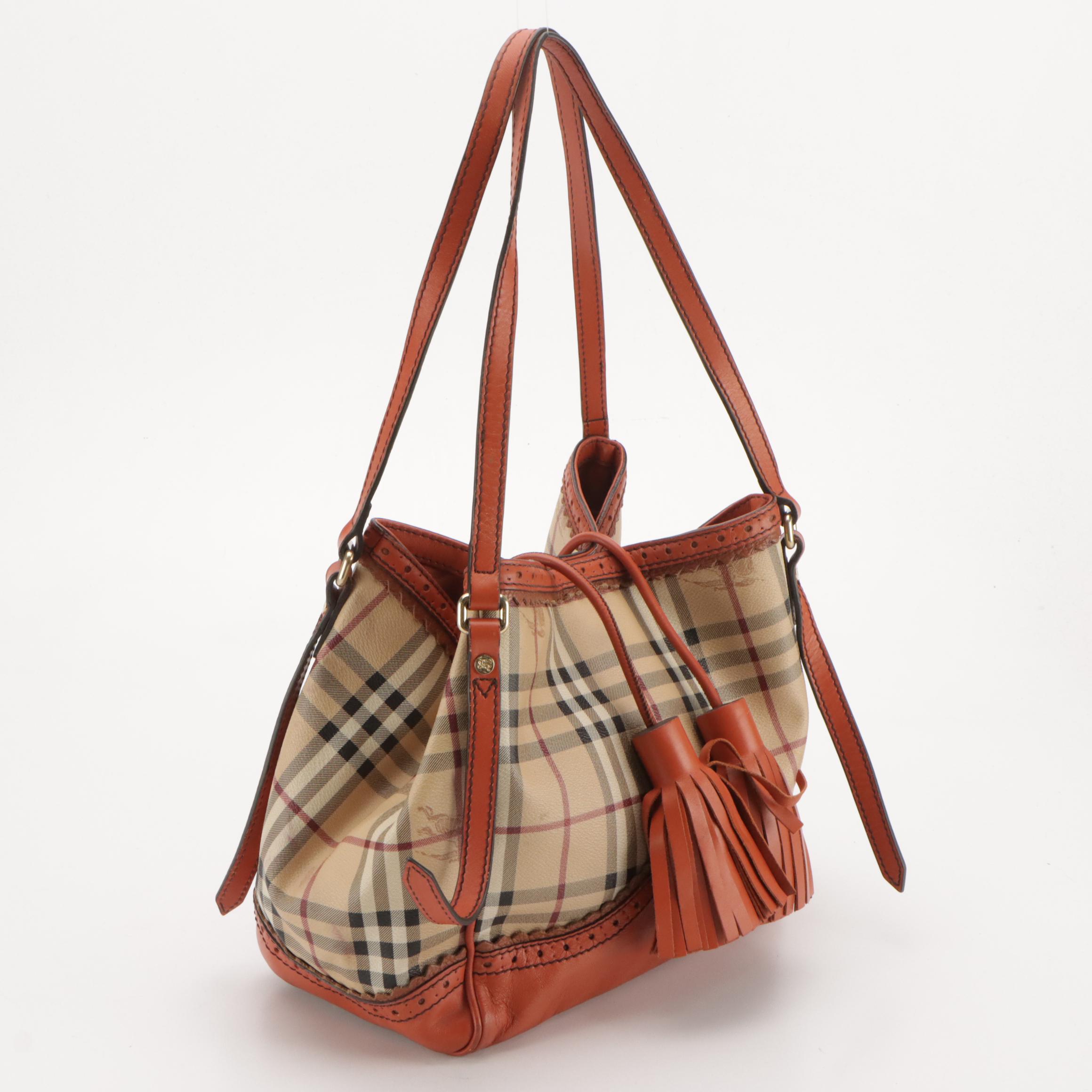 Burberry Brogue Leather Tassel Satchel in Haymarket Check Canvas