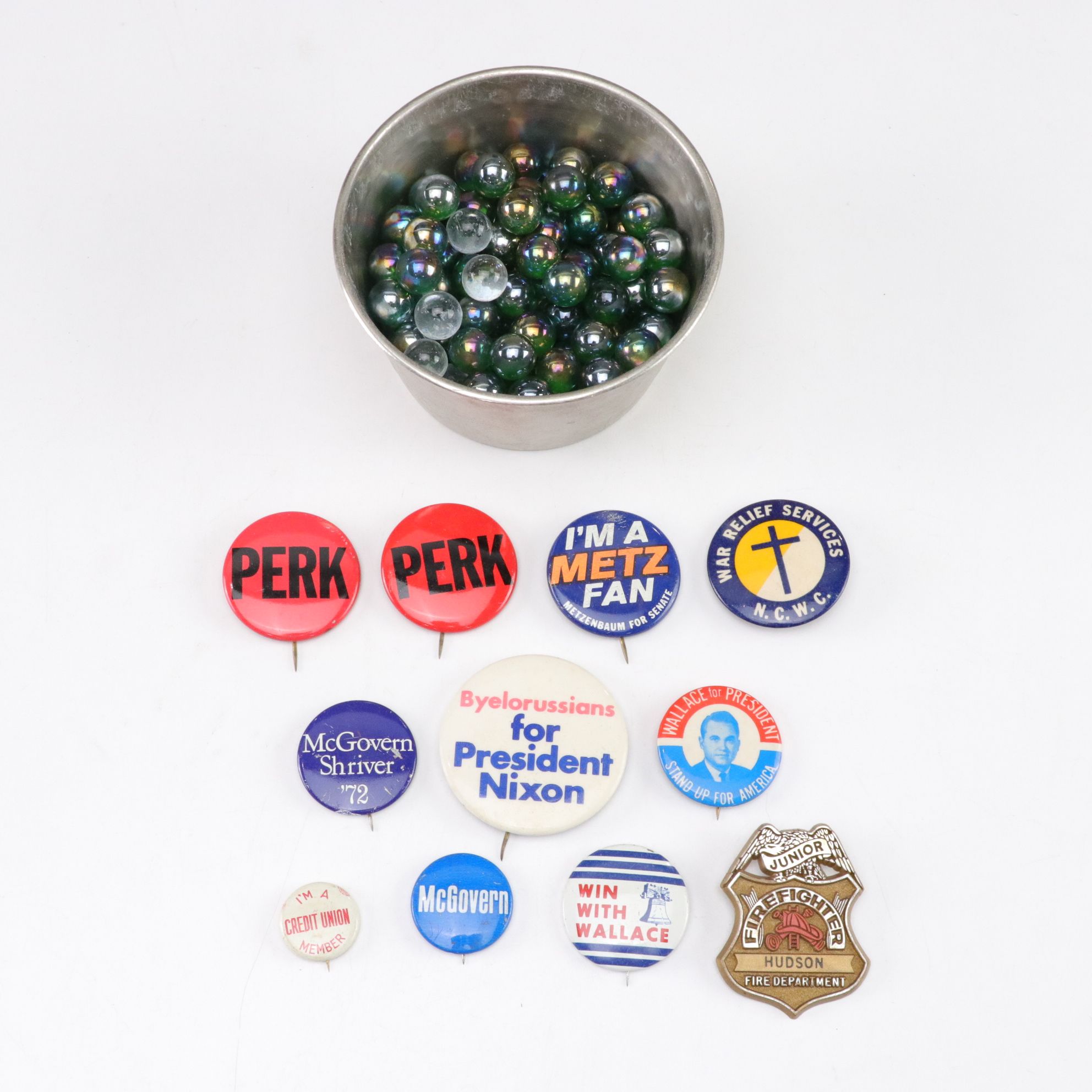 Iridescent Marbles with Political & Souvenir Pin Collection