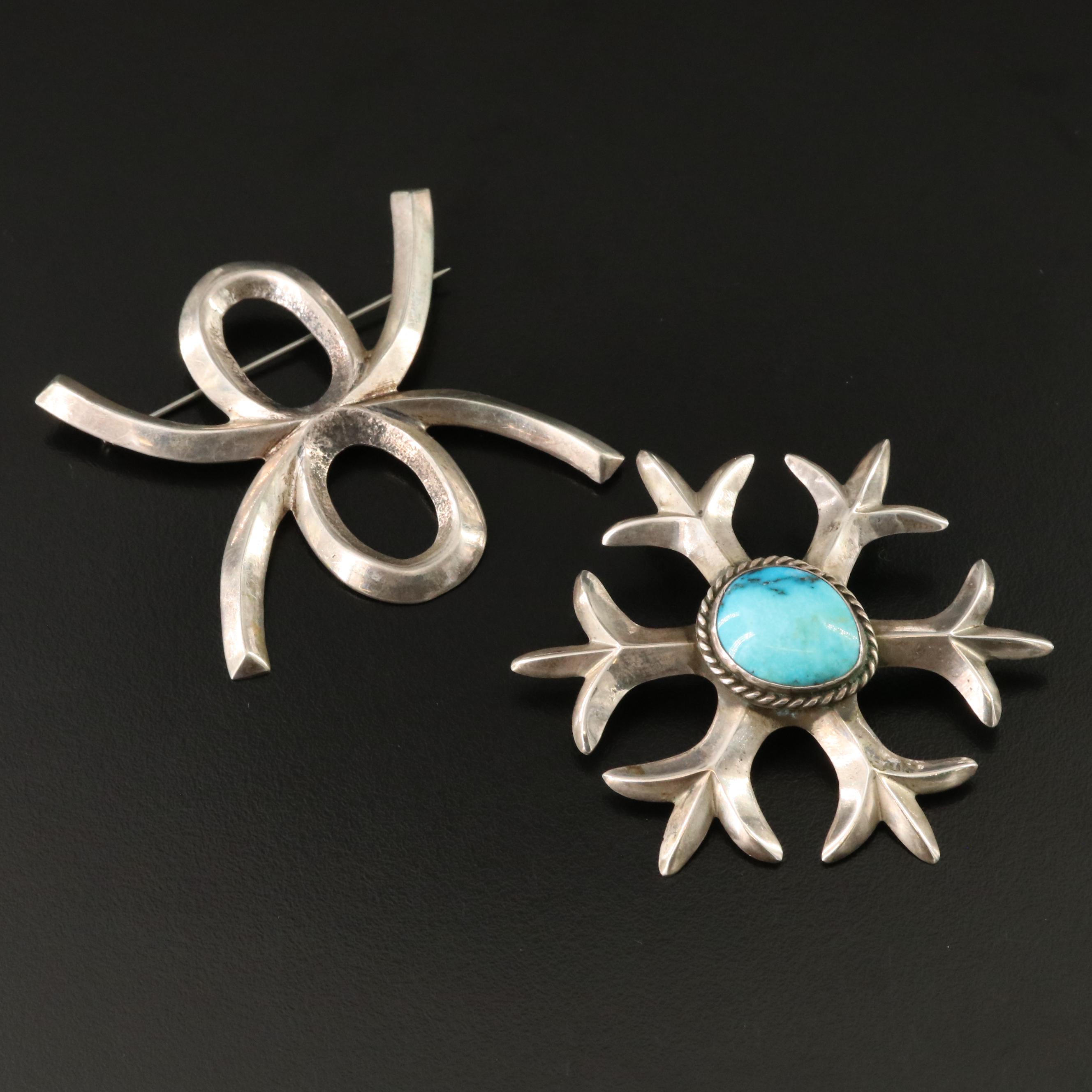 Southwestern Sand Cast 850 Silver Turquoise Pendant & Sterling Brooch