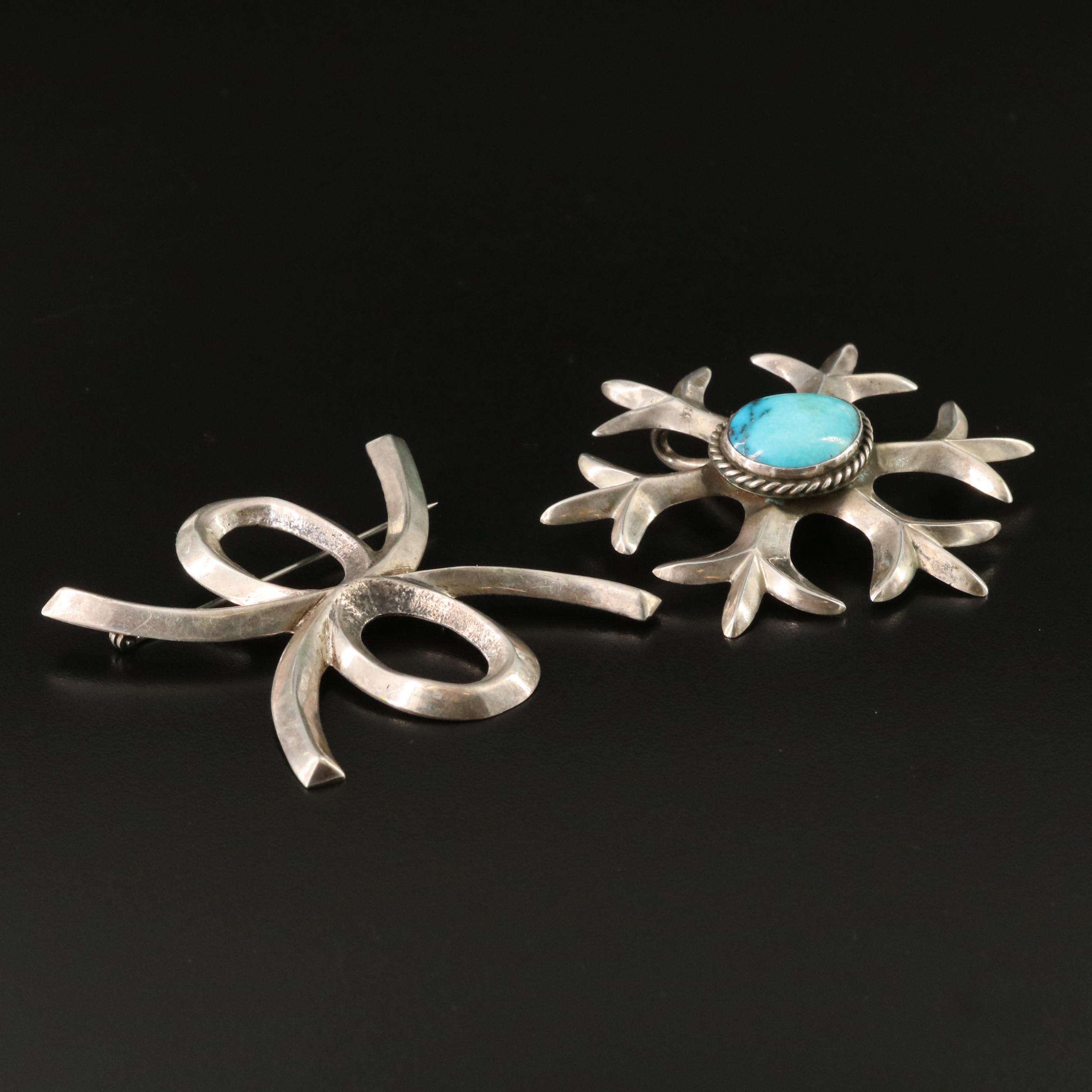 Southwestern Sand Cast 850 Silver Turquoise Pendant & Sterling Brooch