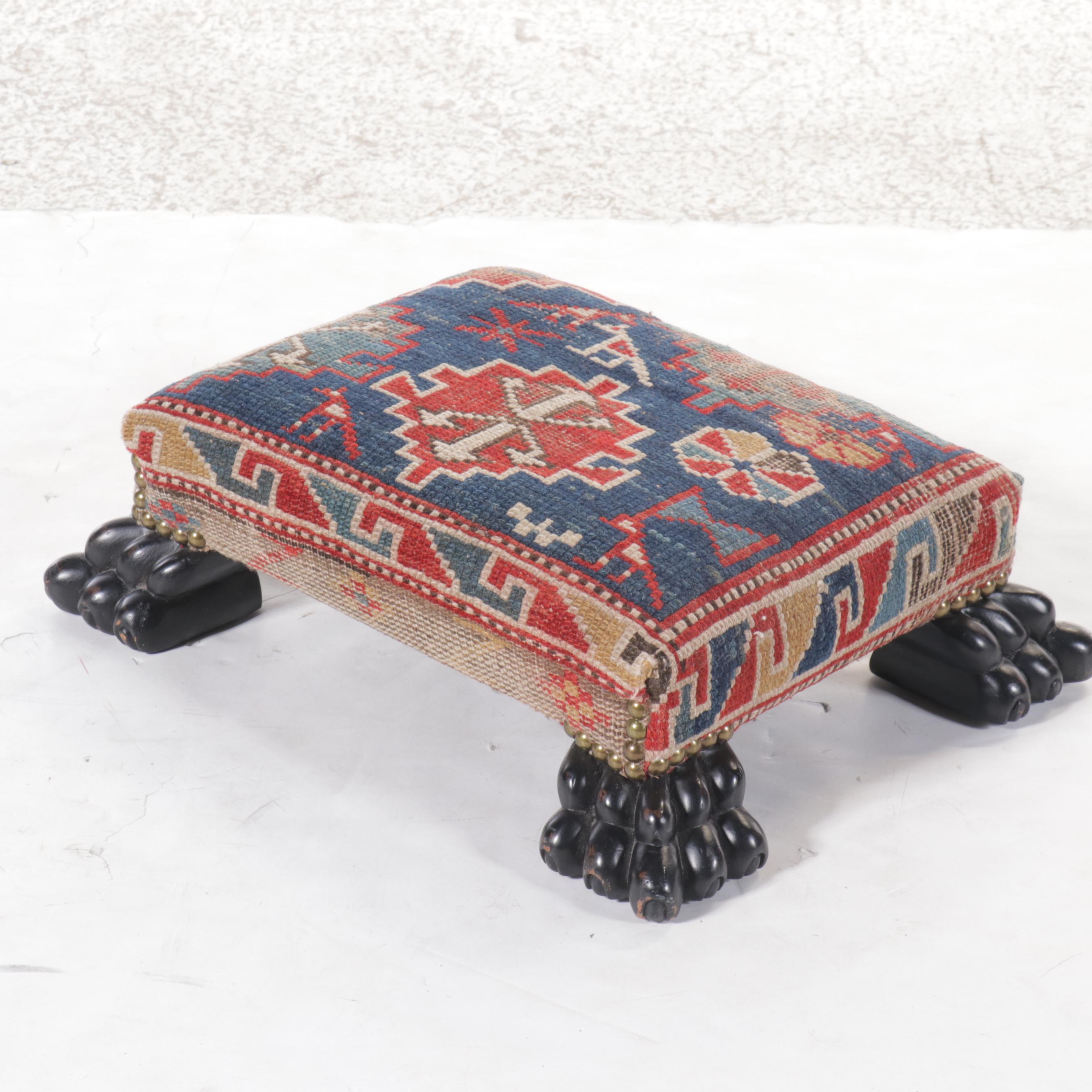 Hand-Knotted Caucasian Rug Upholstered Ebonized Wood Footstool