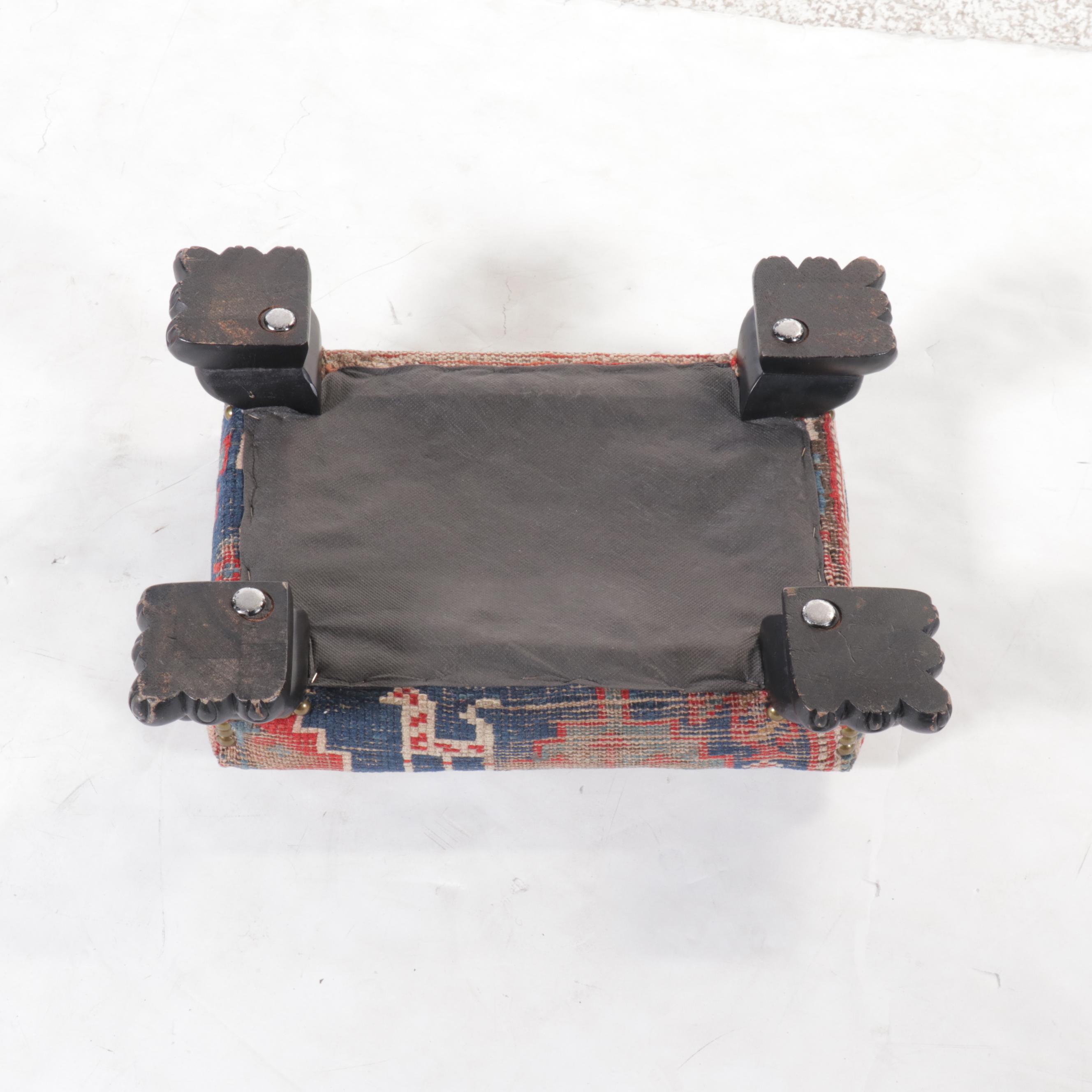 Hand-Knotted Caucasian Rug Upholstered Ebonized Wood Footstool