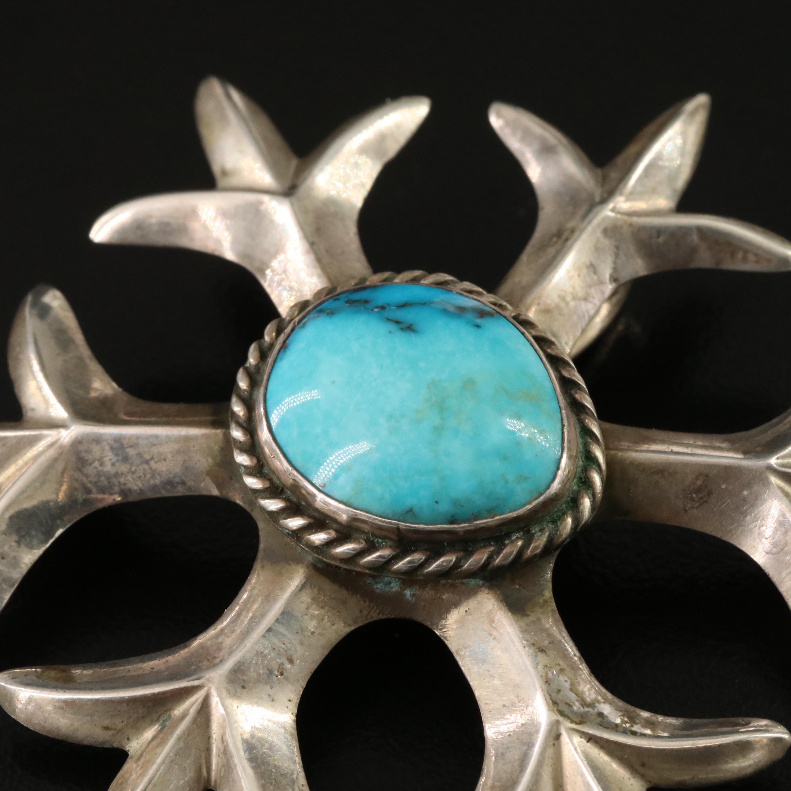 Southwestern Sand Cast 850 Silver Turquoise Pendant & Sterling Brooch