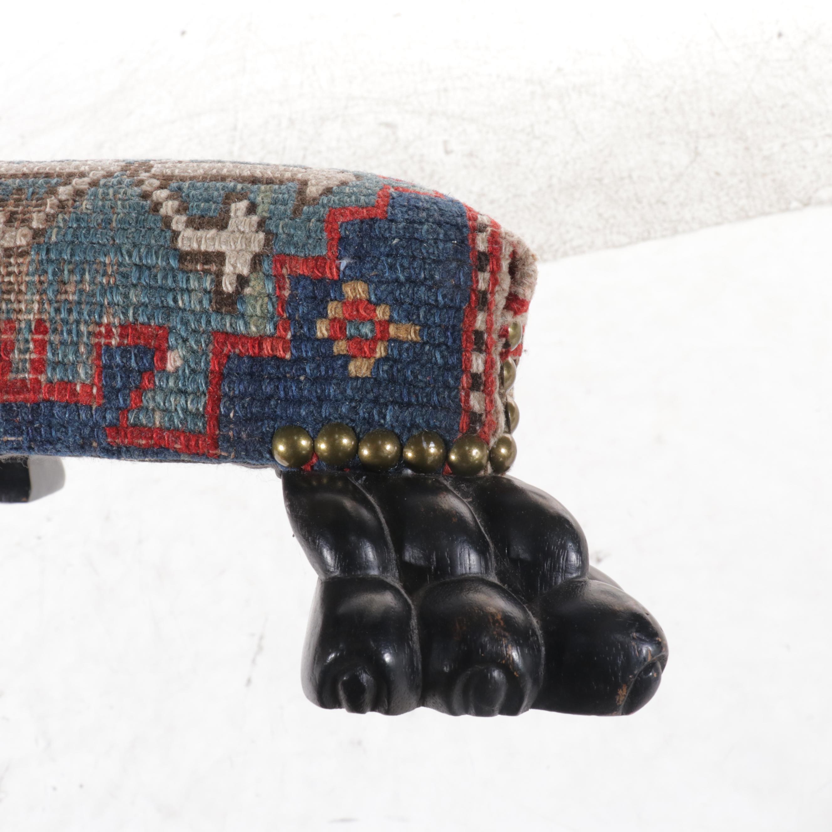 Hand-Knotted Caucasian Rug Upholstered Ebonized Wood Footstool