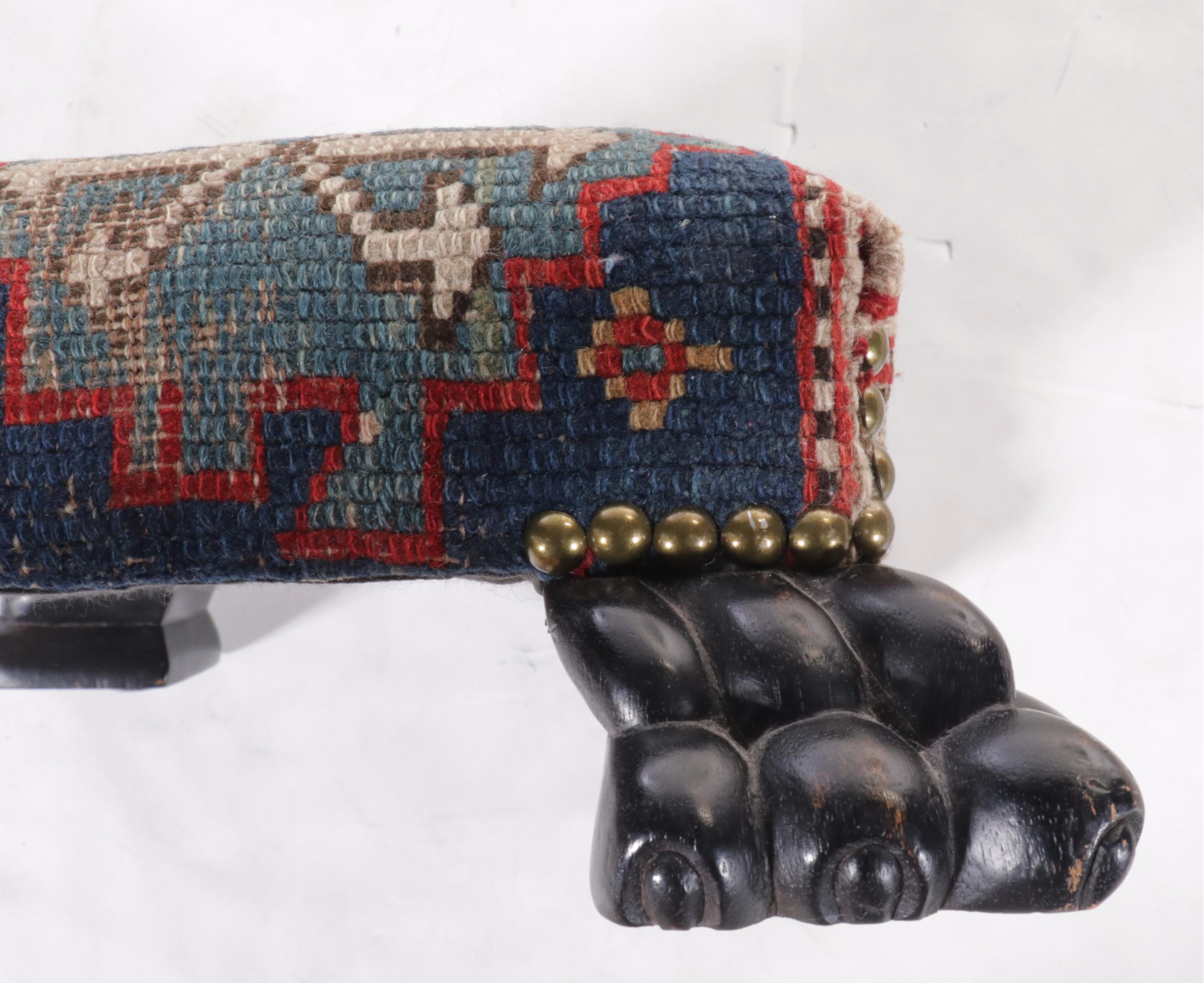 Hand-Knotted Caucasian Rug Upholstered Ebonized Wood Footstool