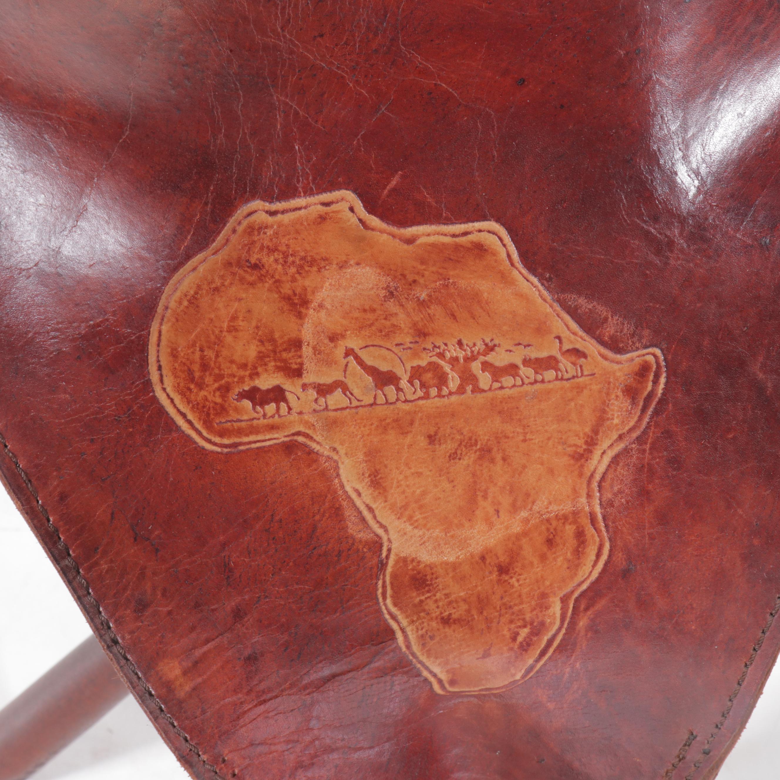 Wood Tripod Stool with African Continent and Wildlife Embossed Leather Seat