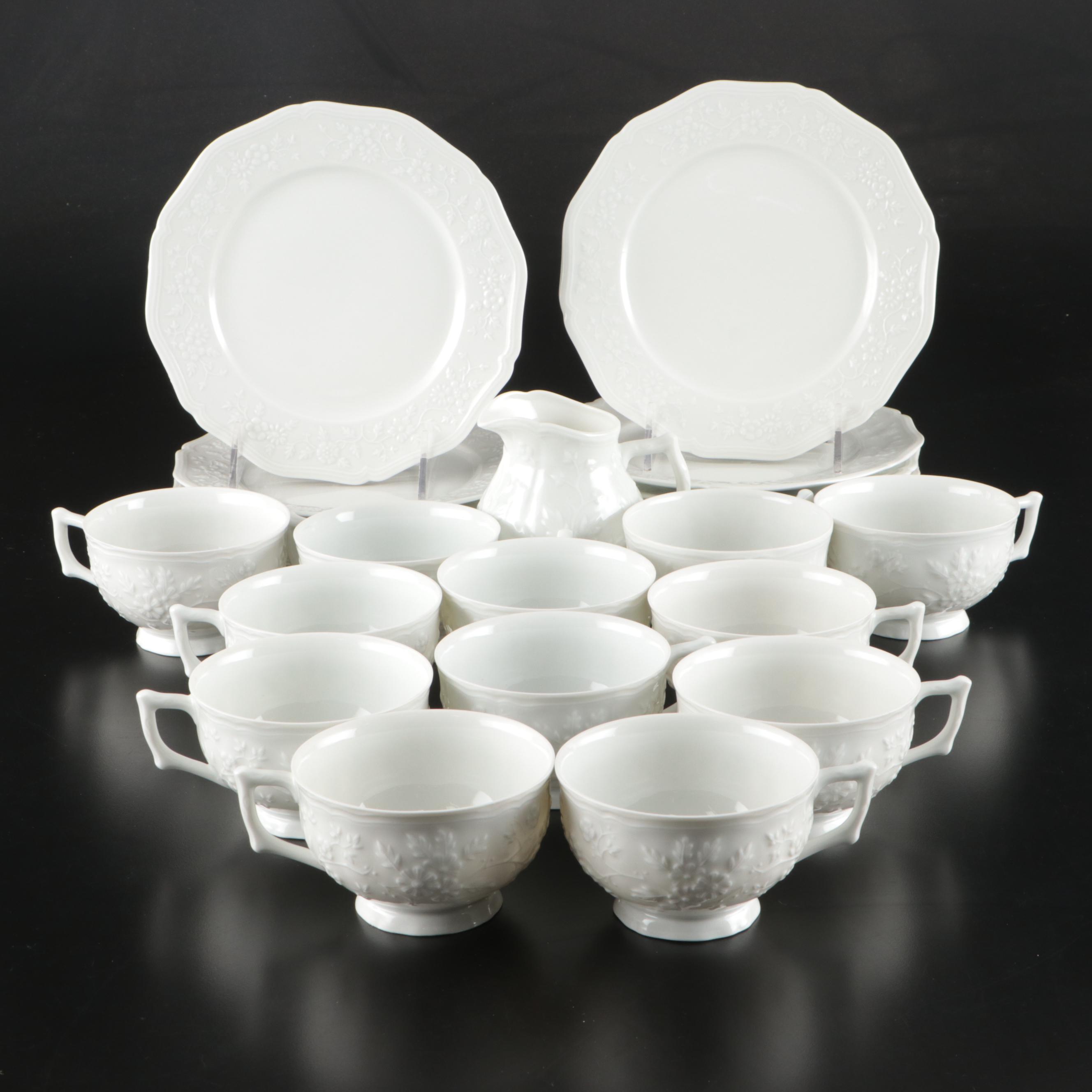 Raynaud Ceralene "Hawthorne" French Porcelain Salad Plates, Teacups and Creamer