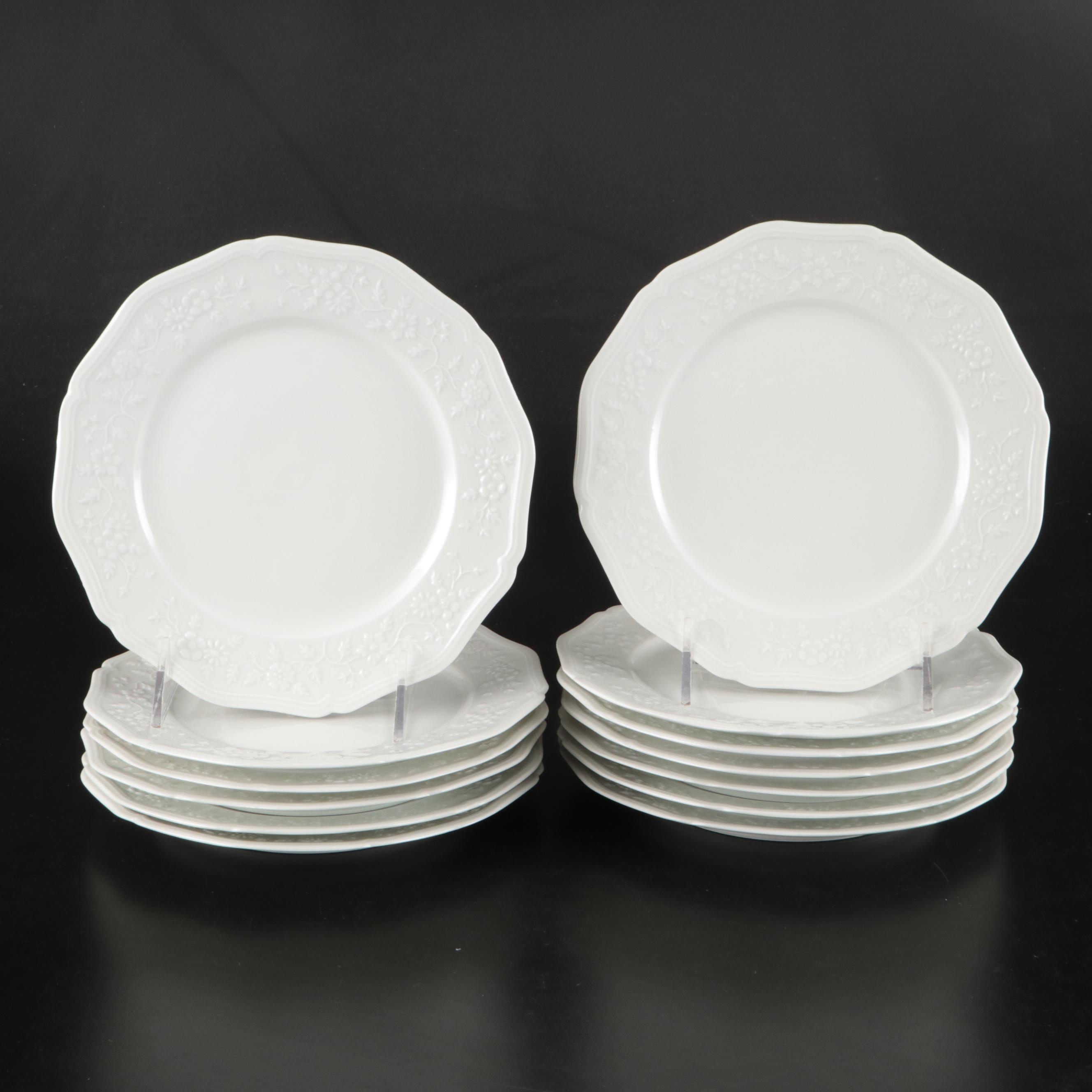 Raynaud Ceralene "Hawthorne" French Porcelain Salad Plates, Teacups and Creamer