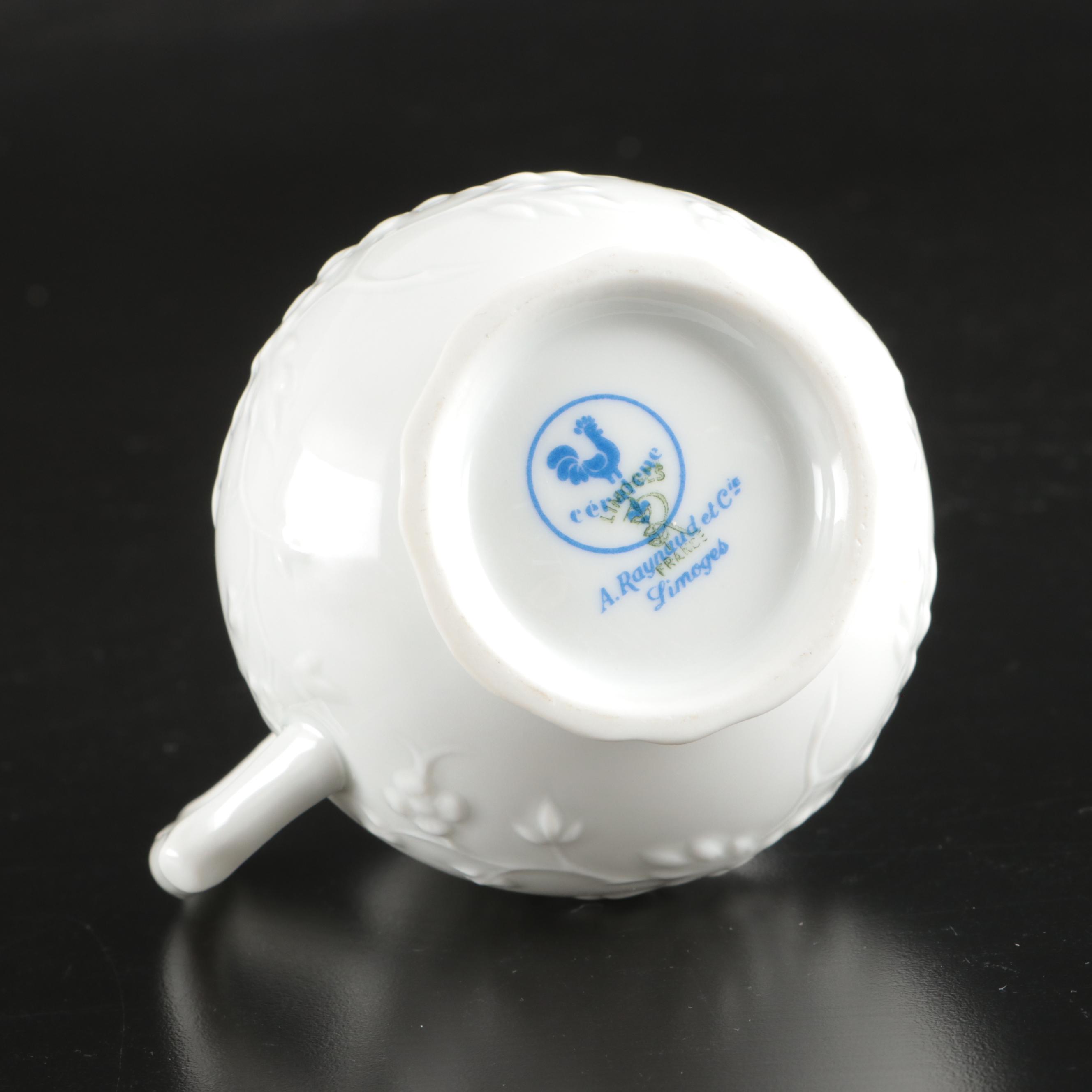 Raynaud Ceralene "Hawthorne" French Porcelain Salad Plates, Teacups and Creamer