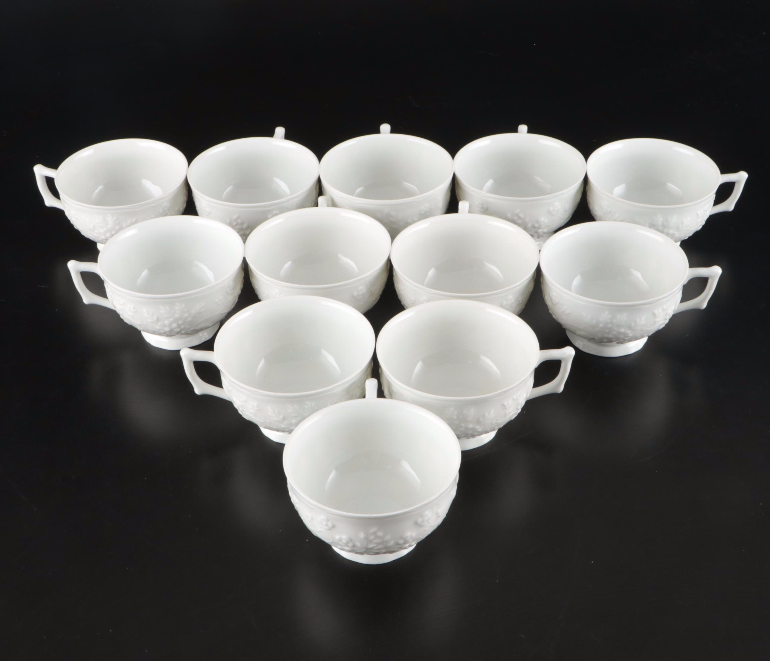 Raynaud Ceralene "Hawthorne" French Porcelain Salad Plates, Teacups and Creamer