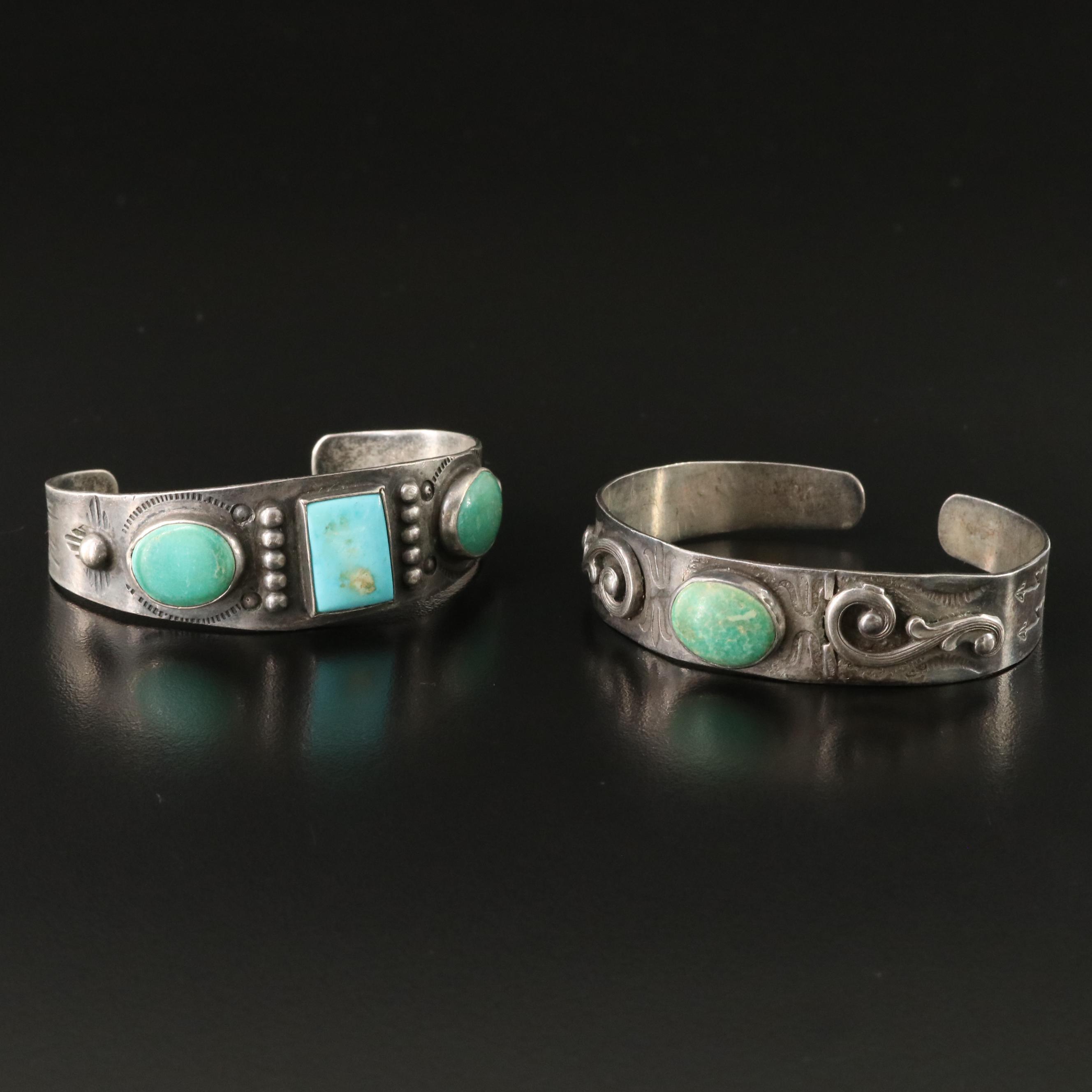Southwestern Fred Harvey Style Sterling and Turquoise Cuff Bracelets