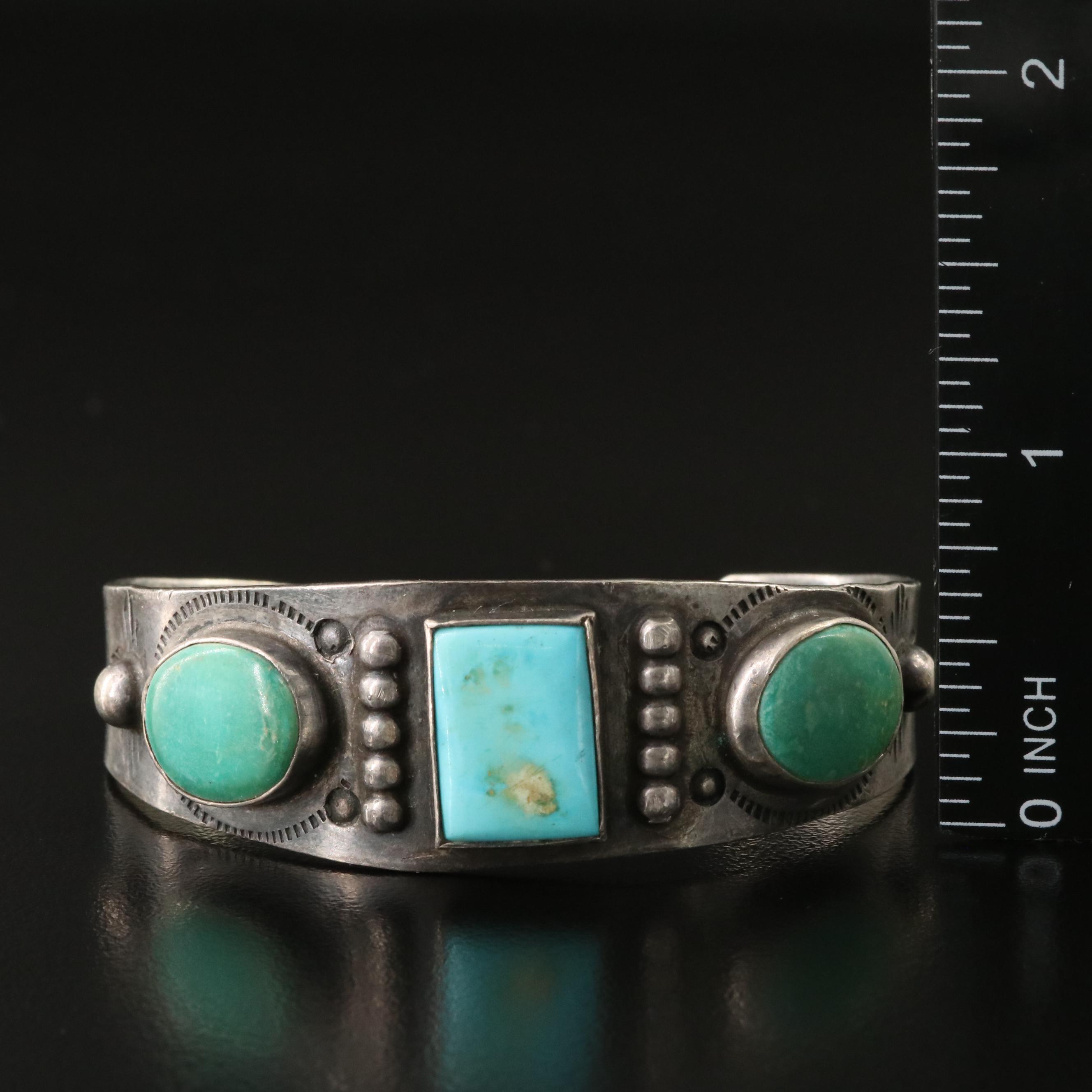 Southwestern Fred Harvey Style Sterling and Turquoise Cuff Bracelets