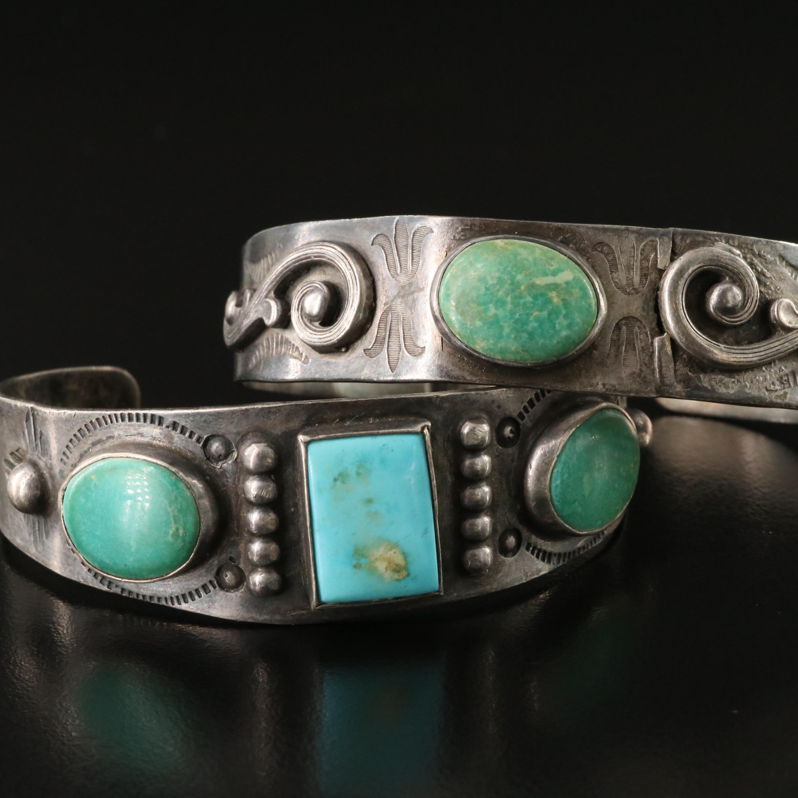 Southwestern Fred Harvey Style Sterling and Turquoise Cuff Bracelets