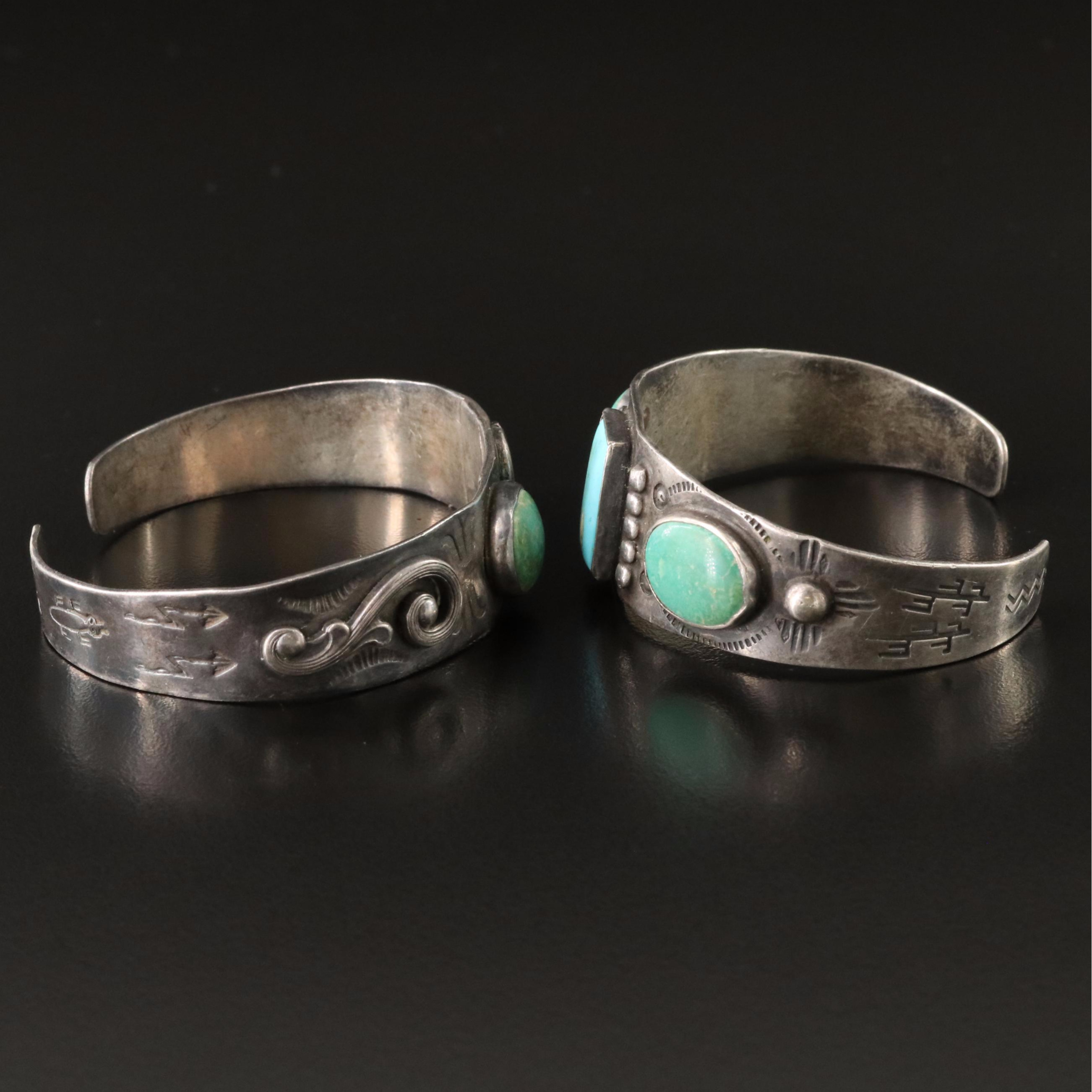 Southwestern Fred Harvey Style Sterling and Turquoise Cuff Bracelets