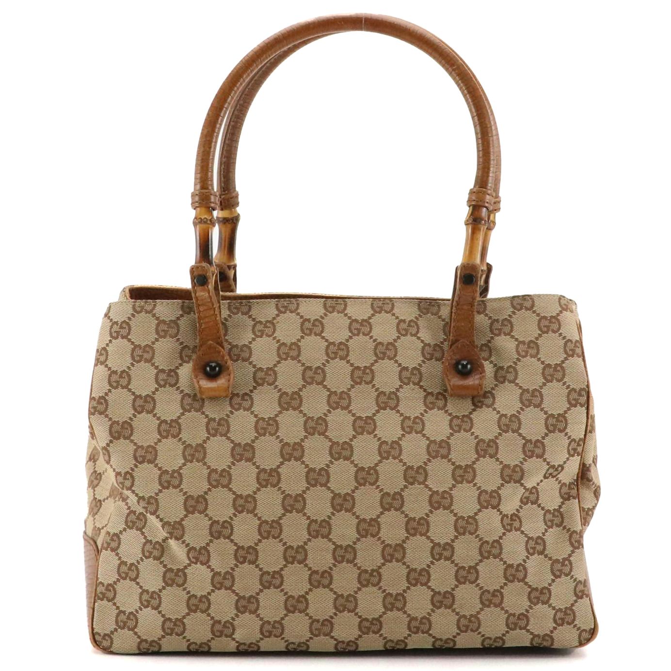 Gucci Bamboo Accented Tote in Brown GG Canvas and Leather Trim