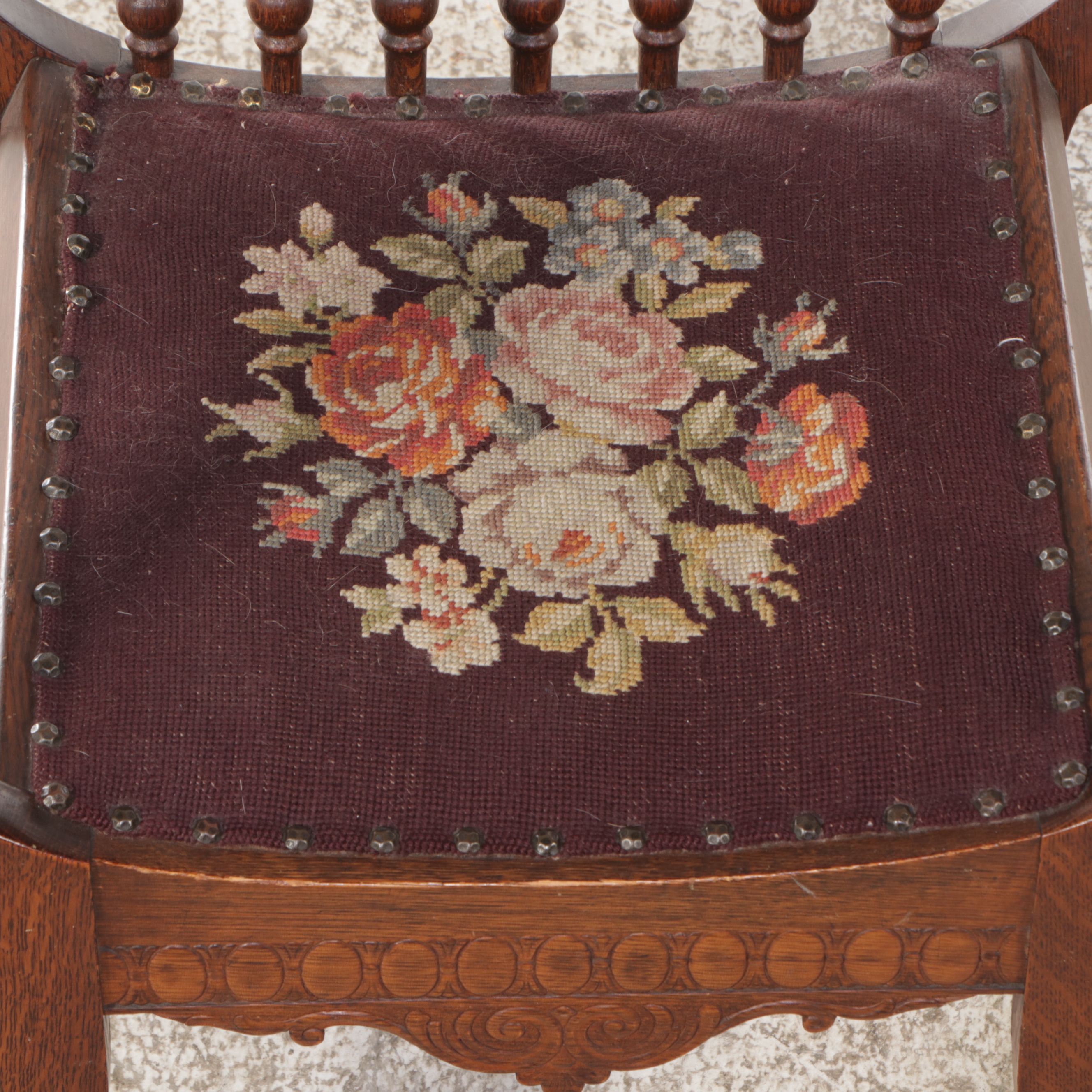 Carved Oak Dante Chair with Floral Needlepoint Seat