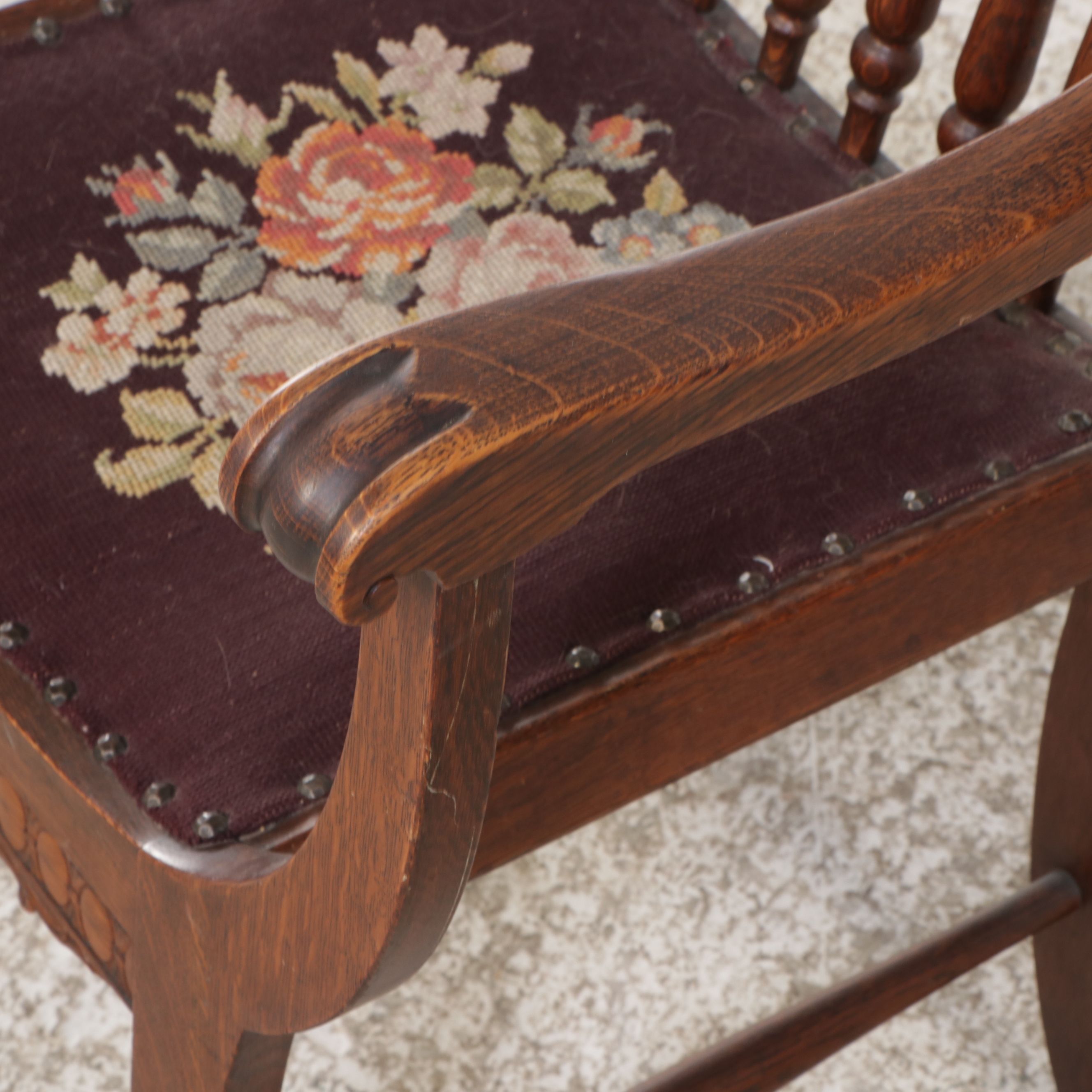 Carved Oak Dante Chair with Floral Needlepoint Seat