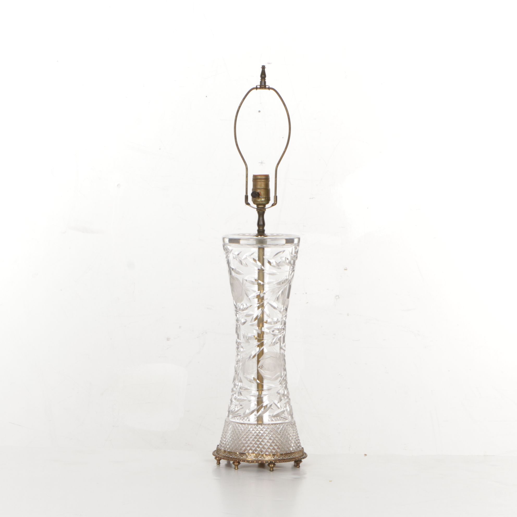 Cut Crystal Table Lamp with Cotton Shade, Mid-20th Century