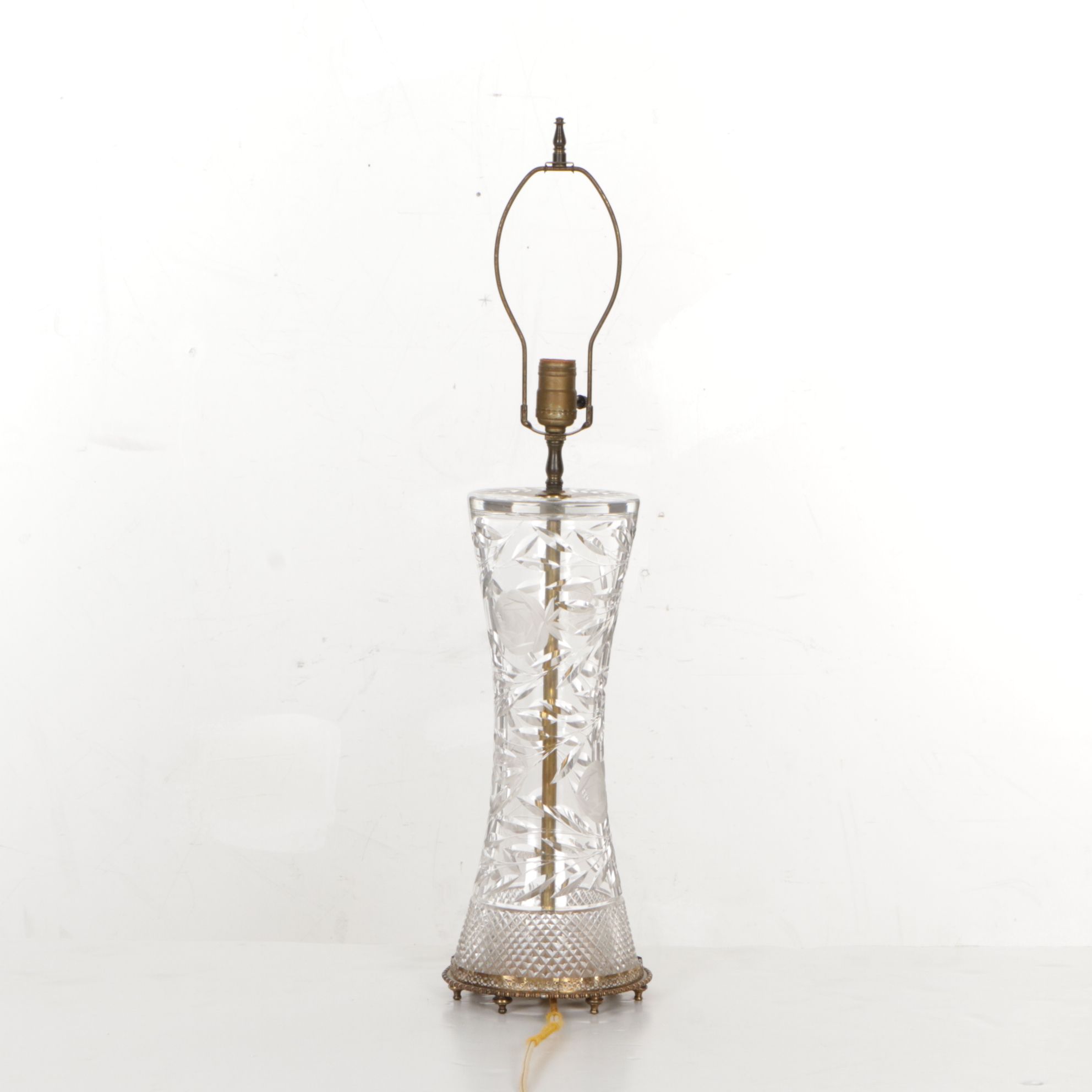 Cut Crystal Table Lamp with Cotton Shade, Mid-20th Century