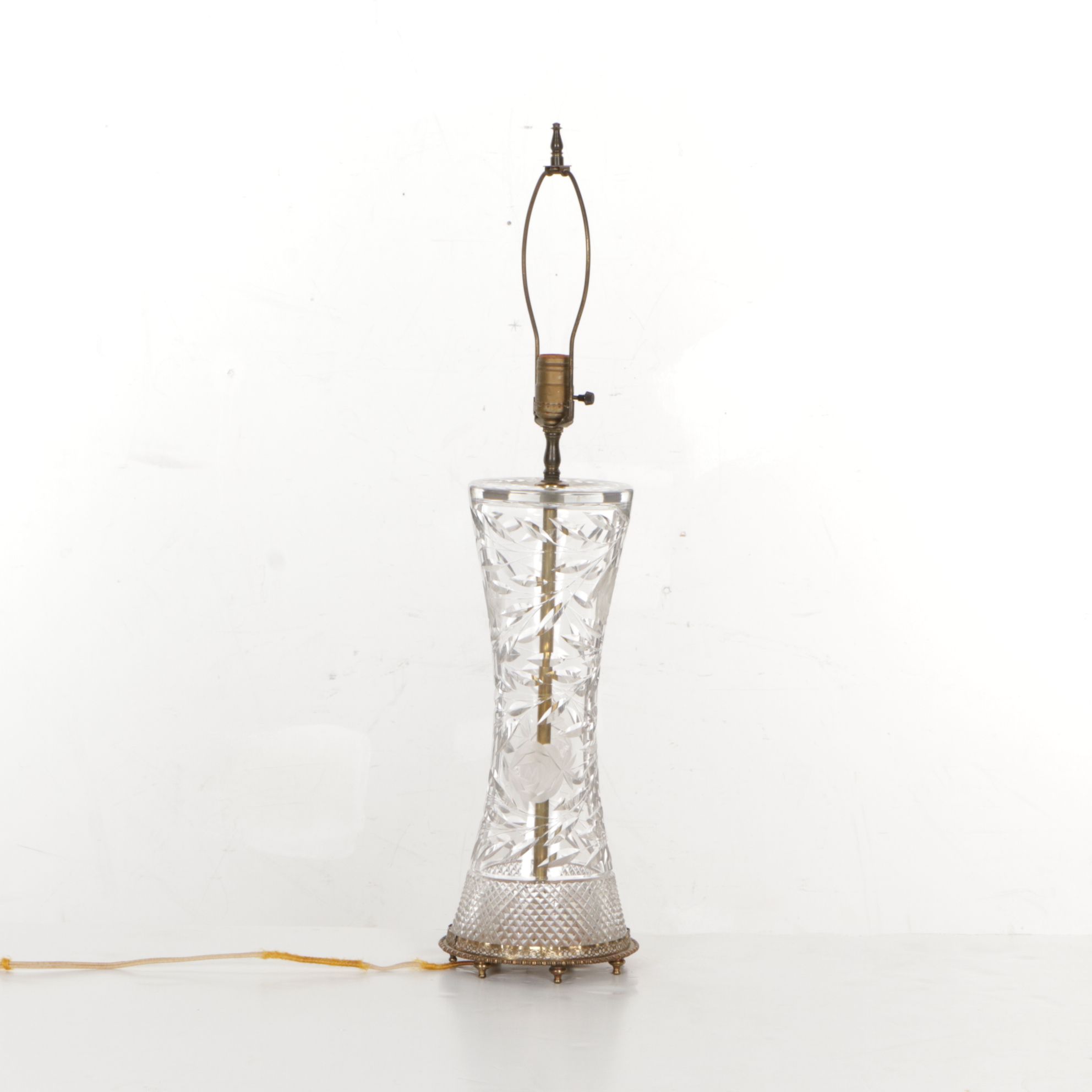 Cut Crystal Table Lamp with Cotton Shade, Mid-20th Century