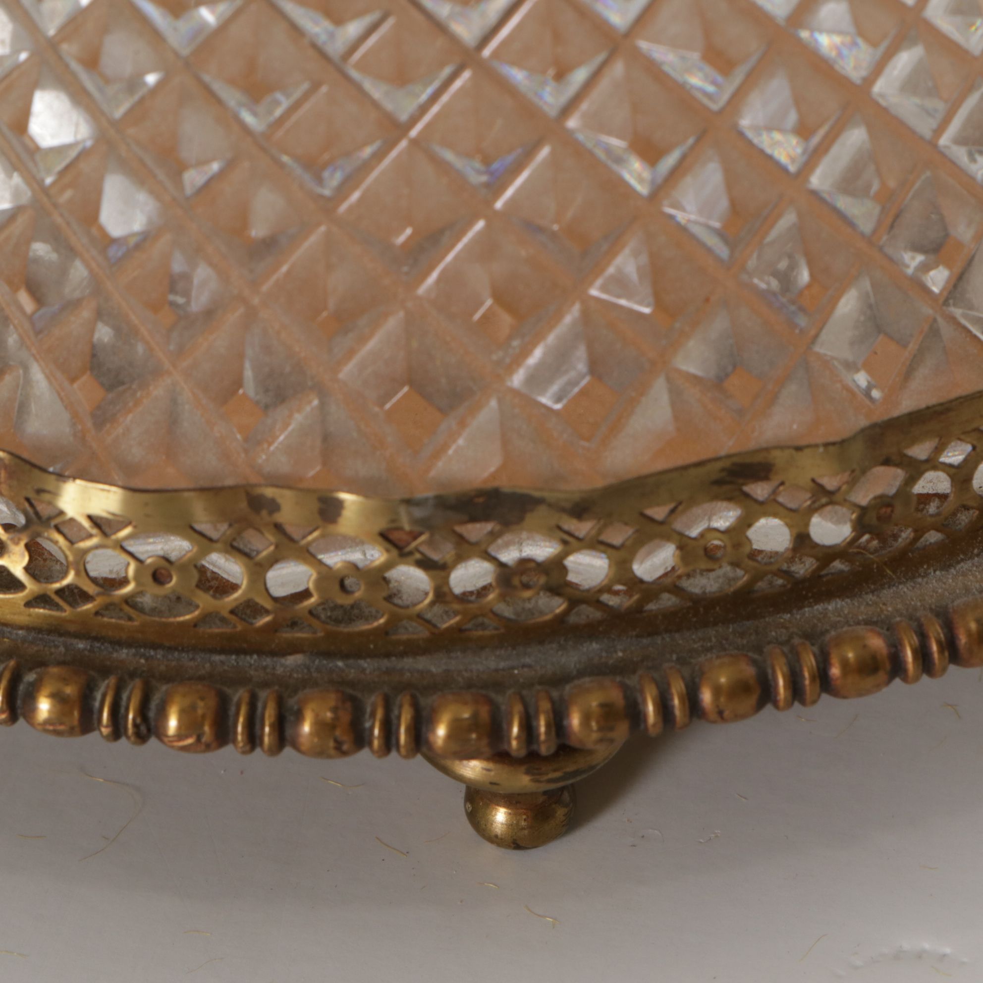 Cut Crystal Table Lamp with Cotton Shade, Mid-20th Century