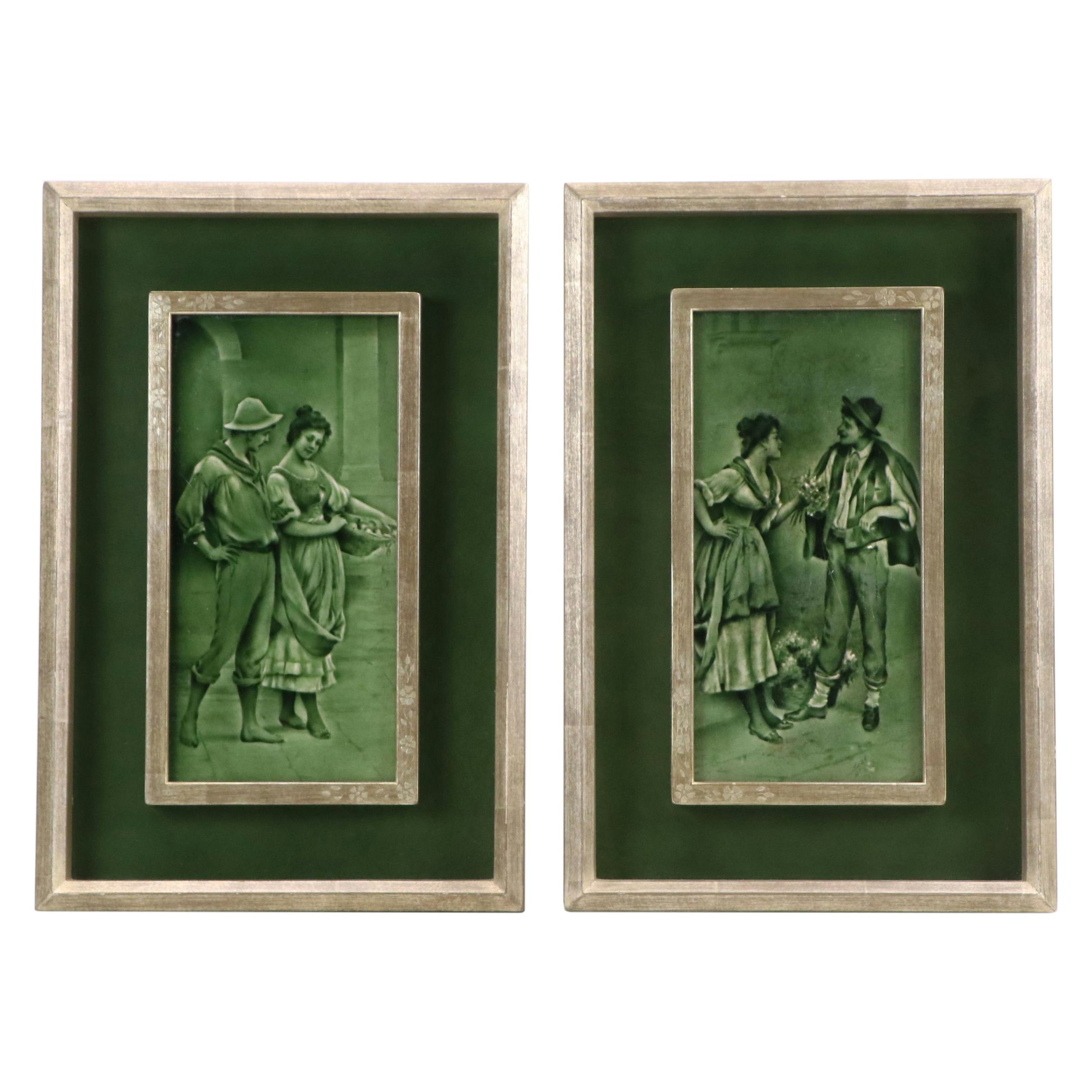 Framed Craven Dunnill & Co. English Majolica Romantic Genre Art Tiles