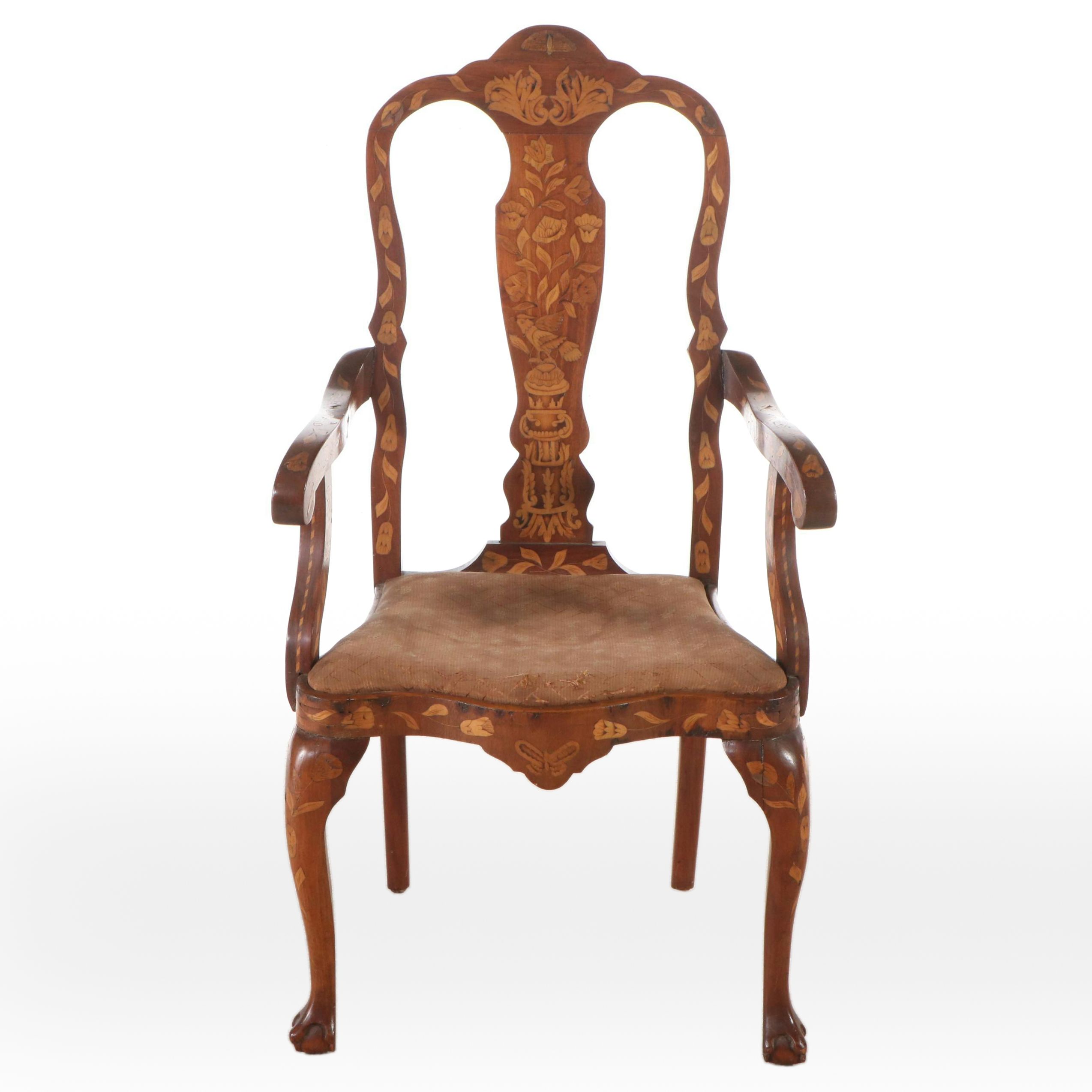Dutch Baroque Mahogany Armchair with Floral Marquetry