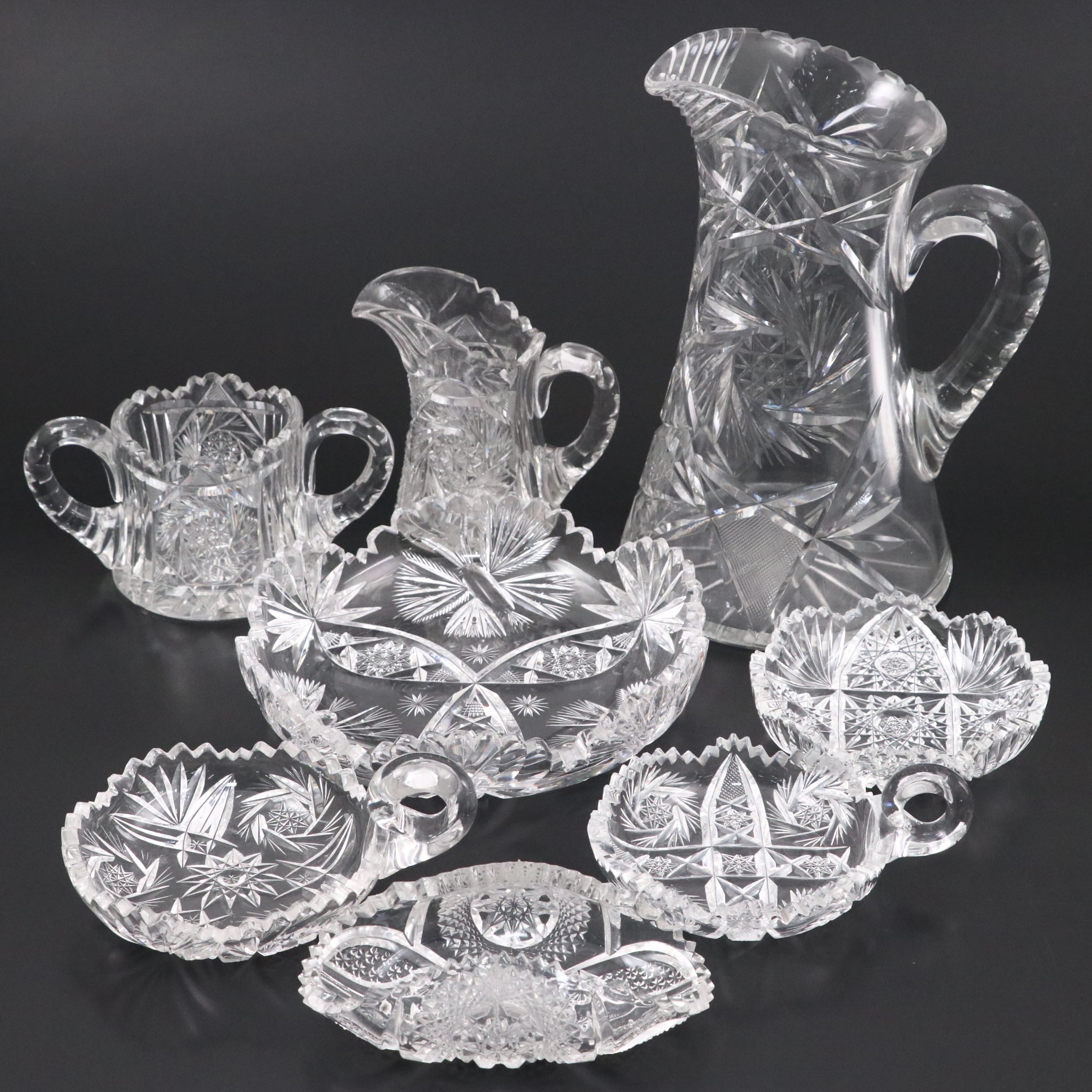 American Brilliant Style Cut Glass Pitcher and Other Tableware
