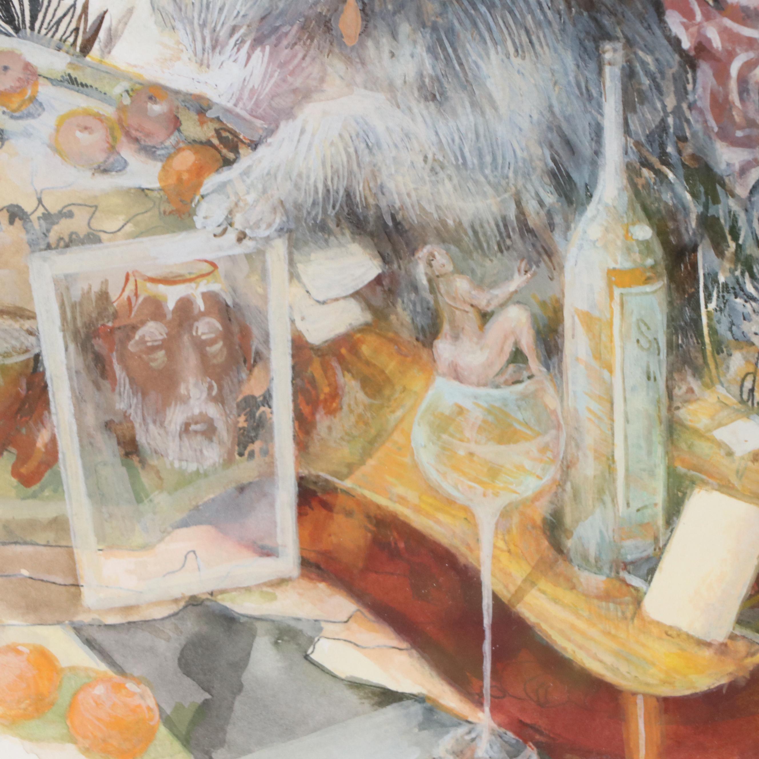 Vladimir Ryklin Surrealist Watercolor Illustration of Still Life with Dog