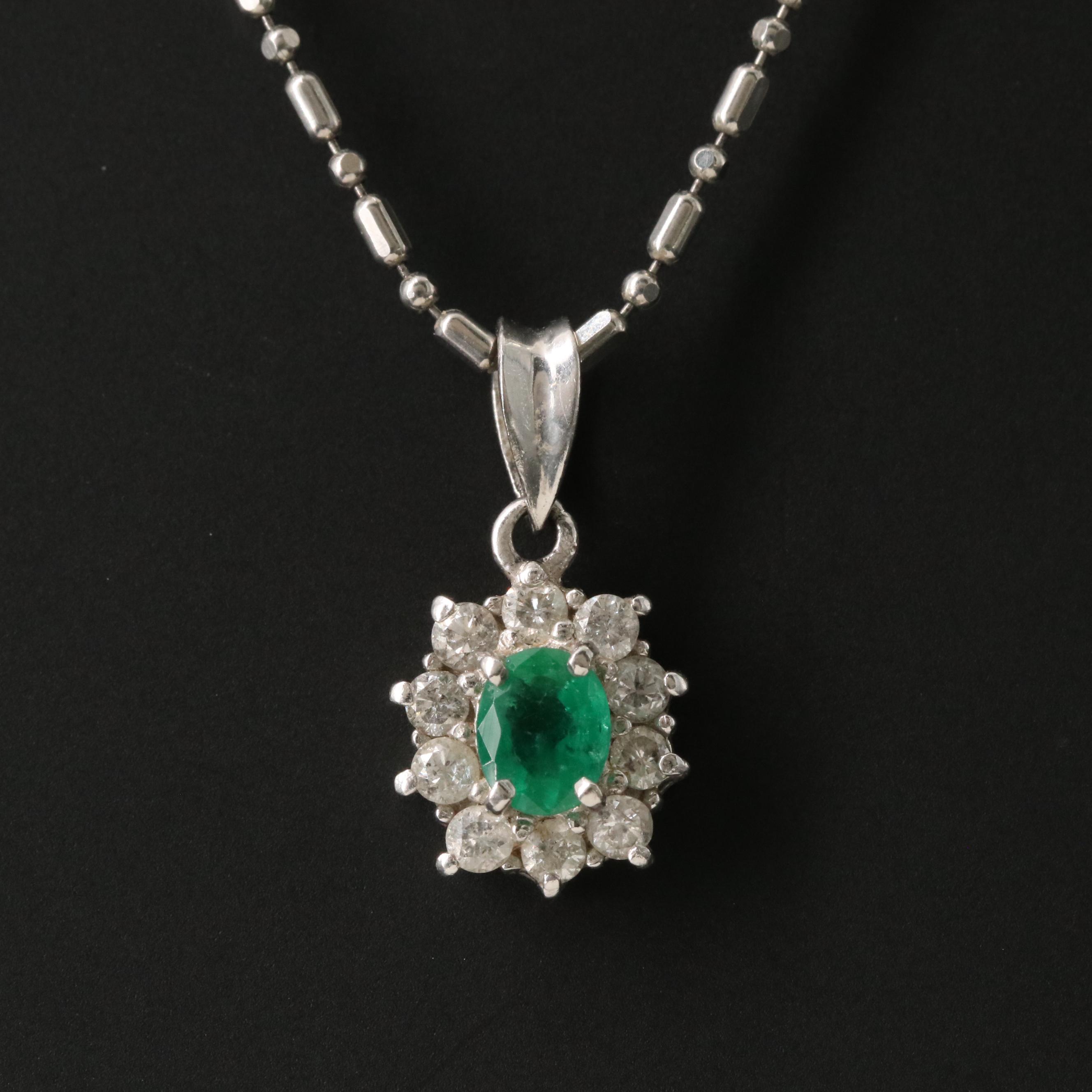 Platinum Emerald and Diamond Pendant Necklace