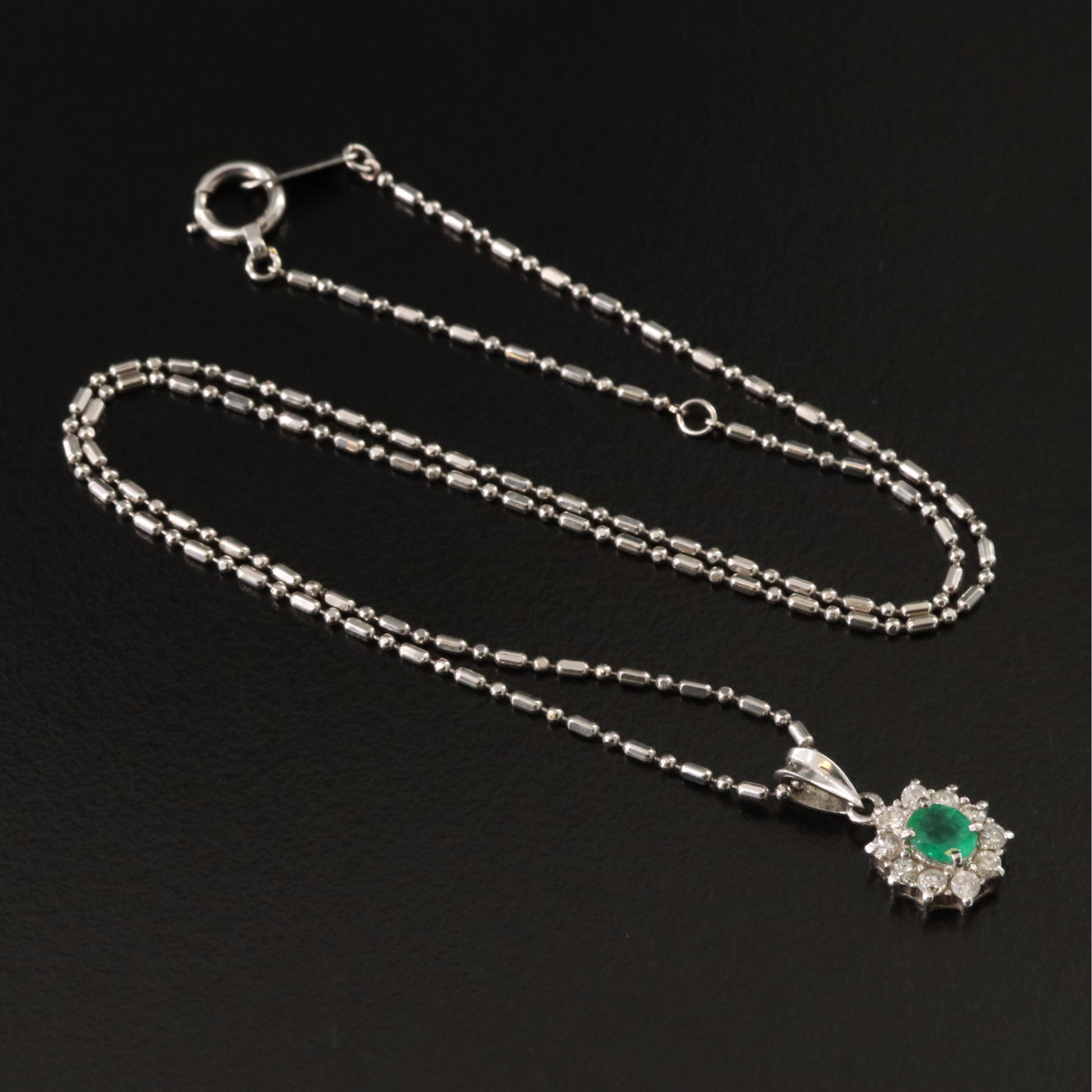 Platinum Emerald and Diamond Pendant Necklace