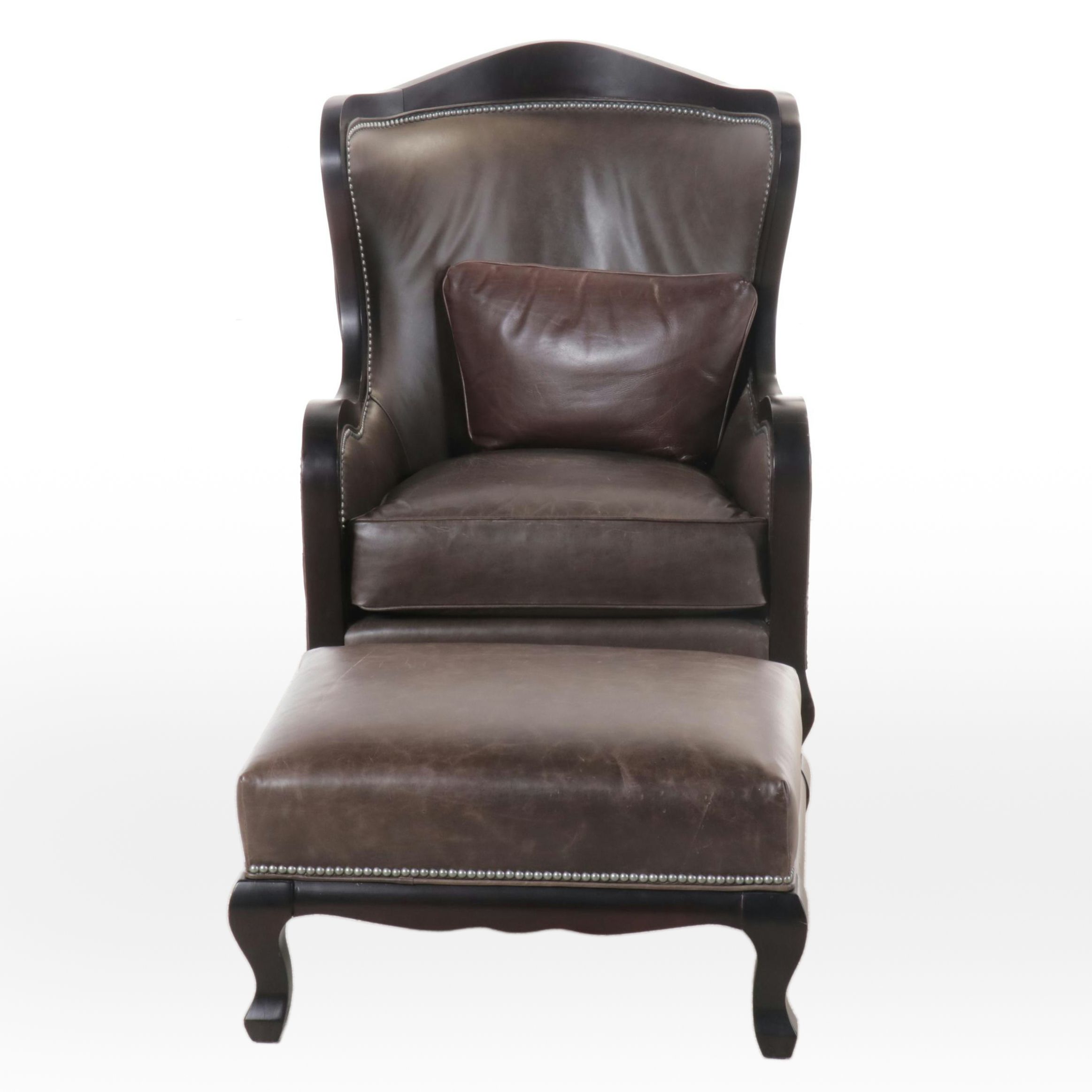 Camden Collection Nail Head Trim Cowhide Leather Wingback Armchair with Ottoman