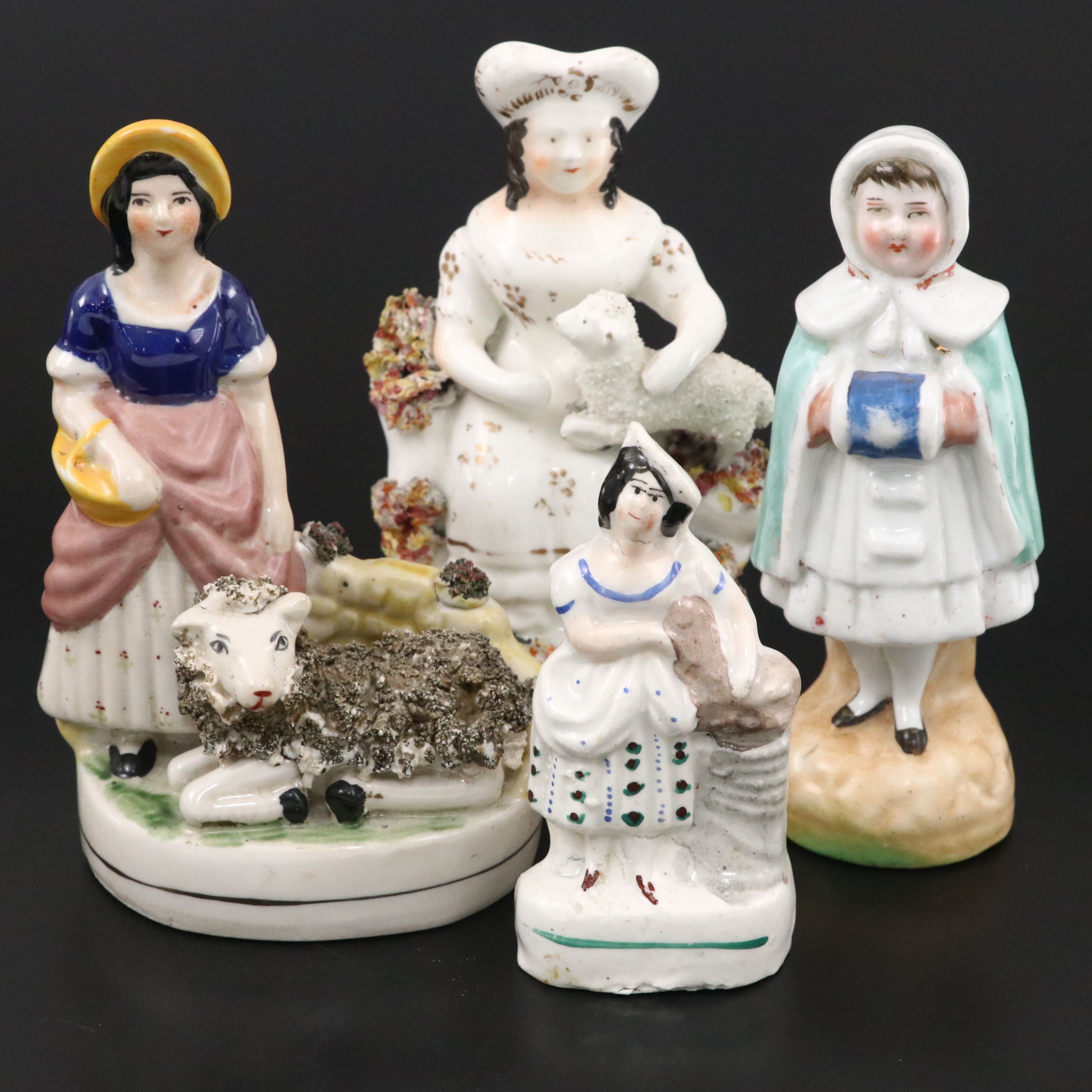 Staffordshire Girl with Lamb and Other Figurines