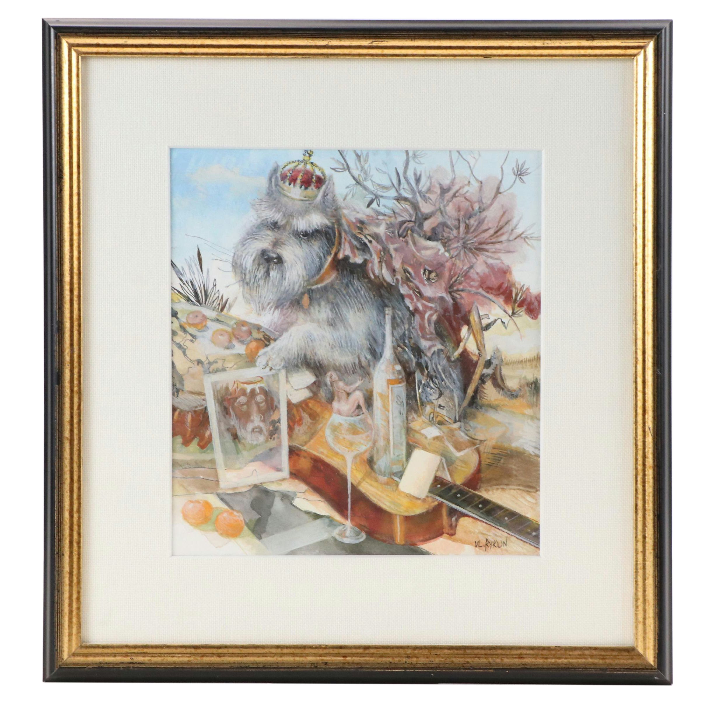 Vladimir Ryklin Surrealist Watercolor Illustration of Still Life with Dog