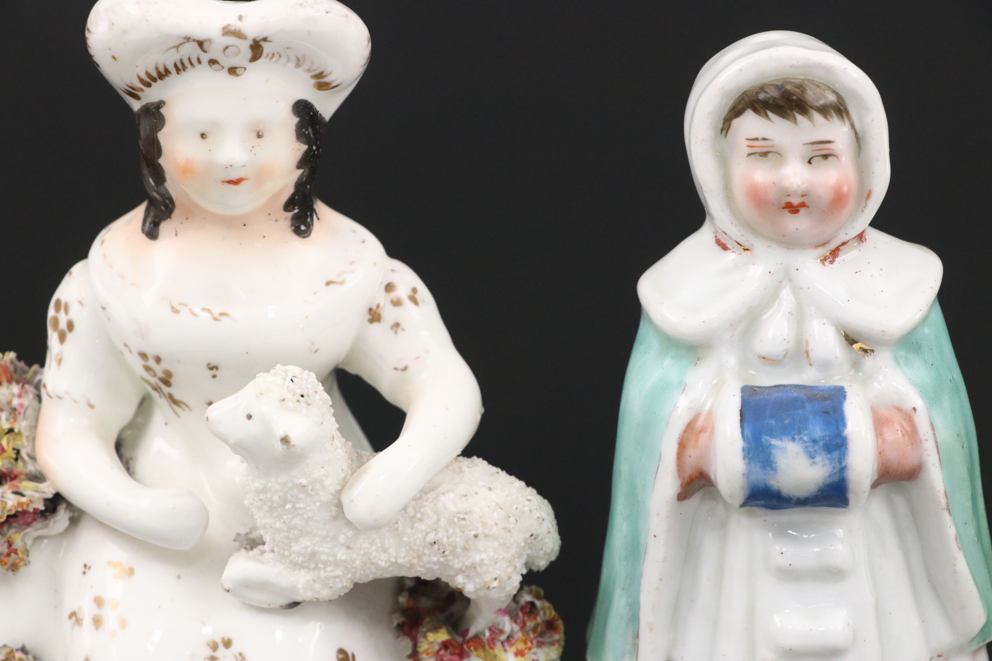 Staffordshire Girl with Lamb and Other Figurines