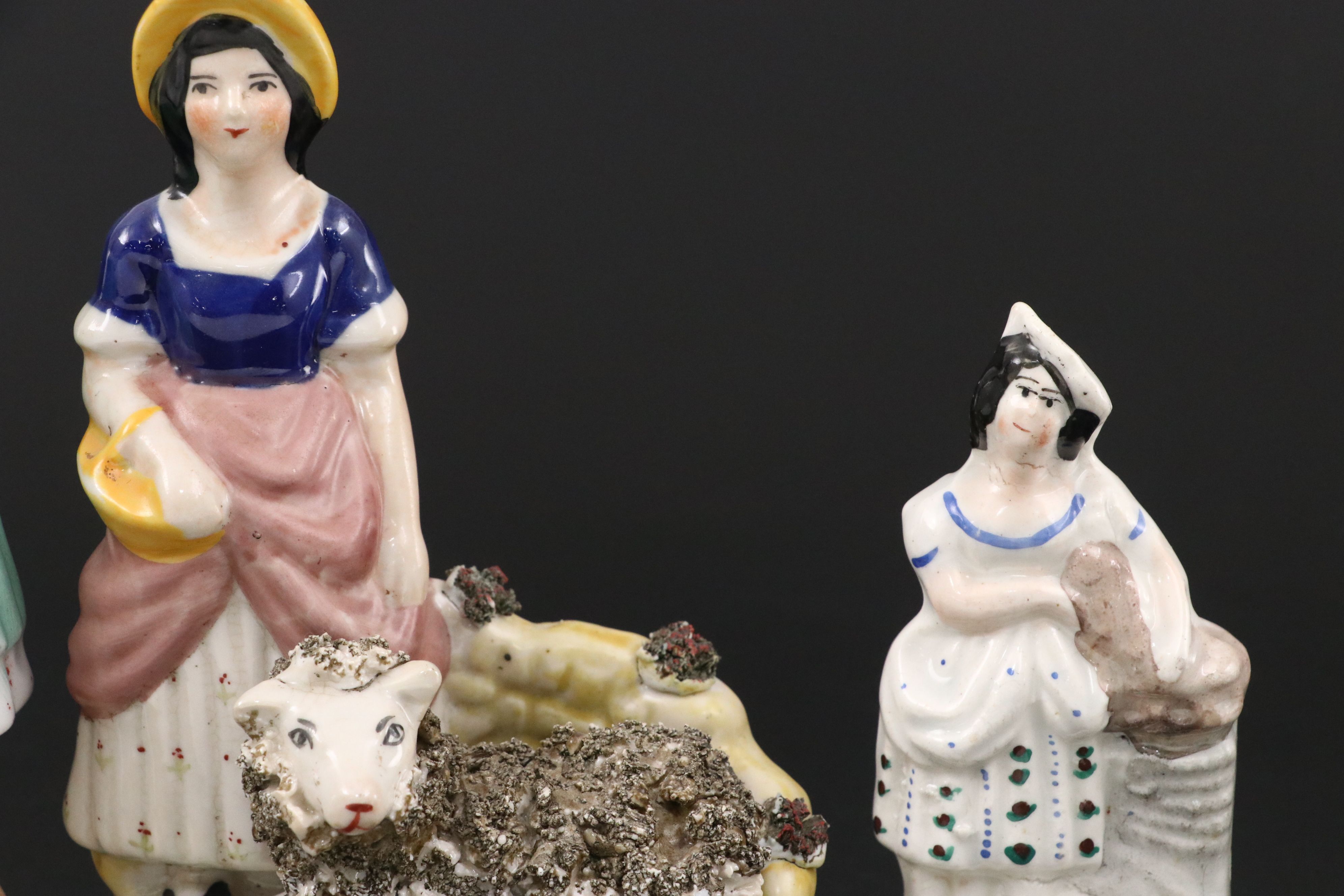 Staffordshire Girl with Lamb and Other Figurines